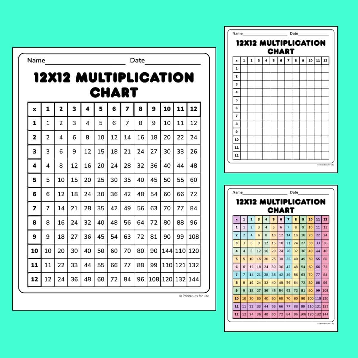 Printable 12x12 multiplication charts (filled in, blank, and colored).