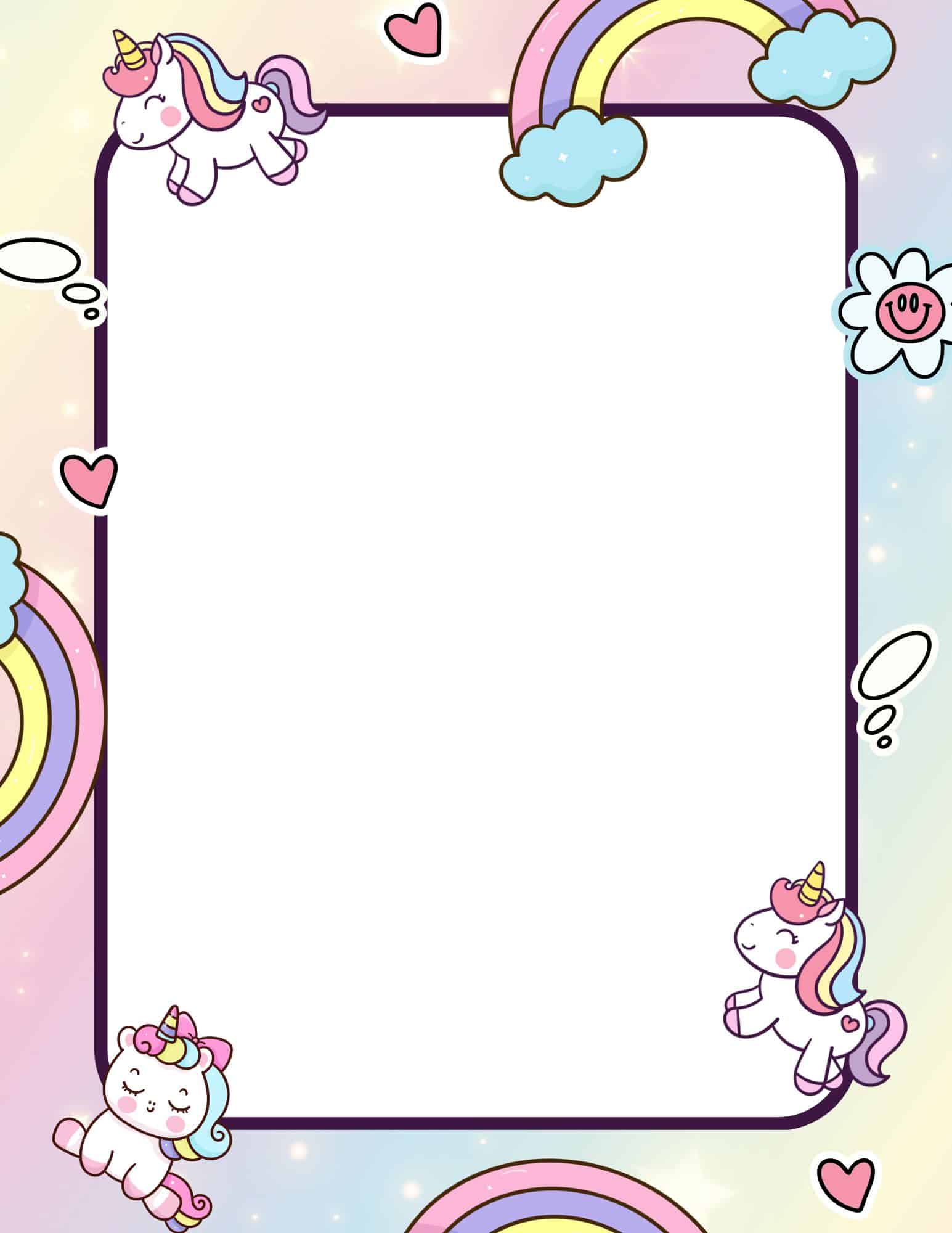 Pink unicorn printable paper with decorative border