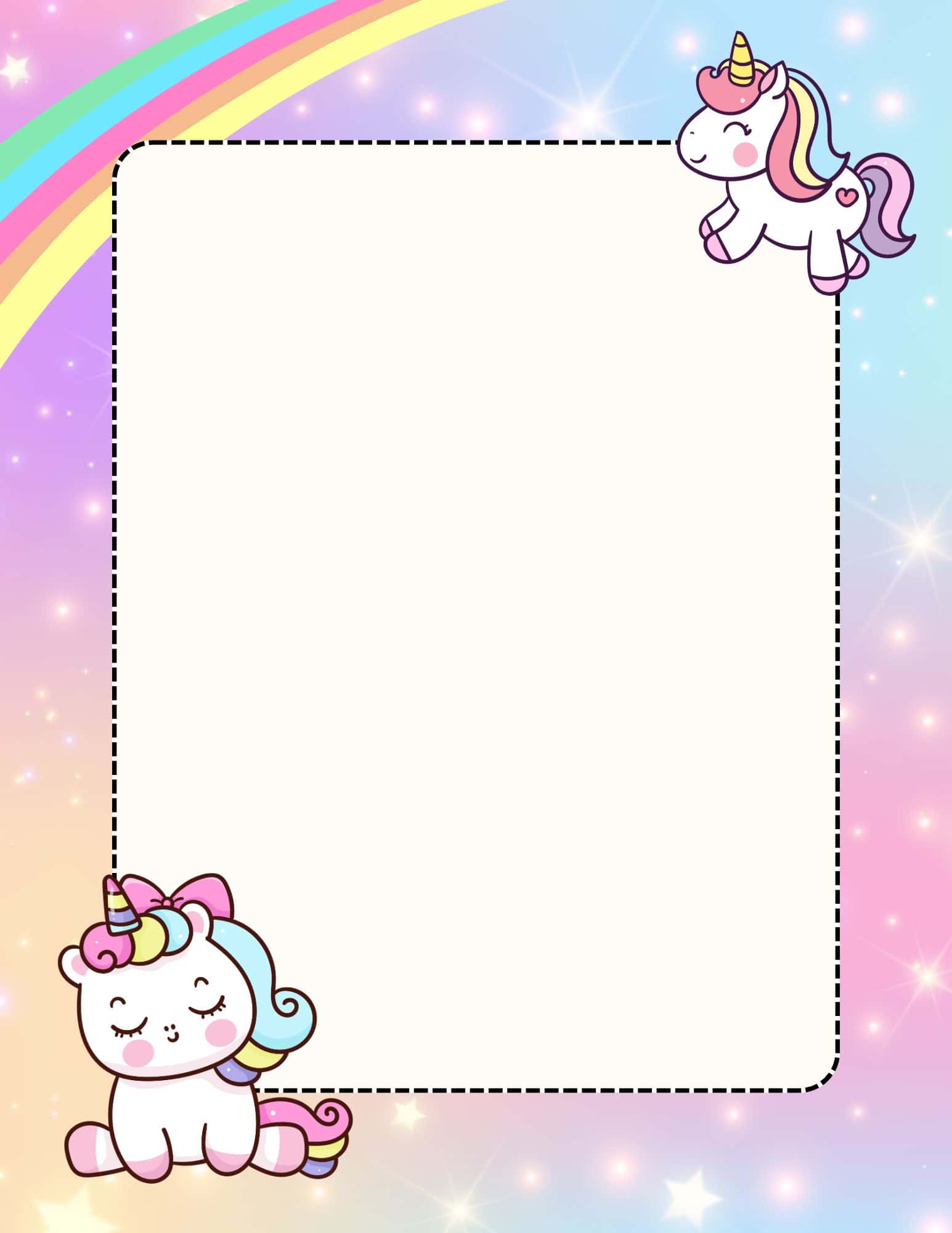 Unicorn printable paper with rainbow and pink border