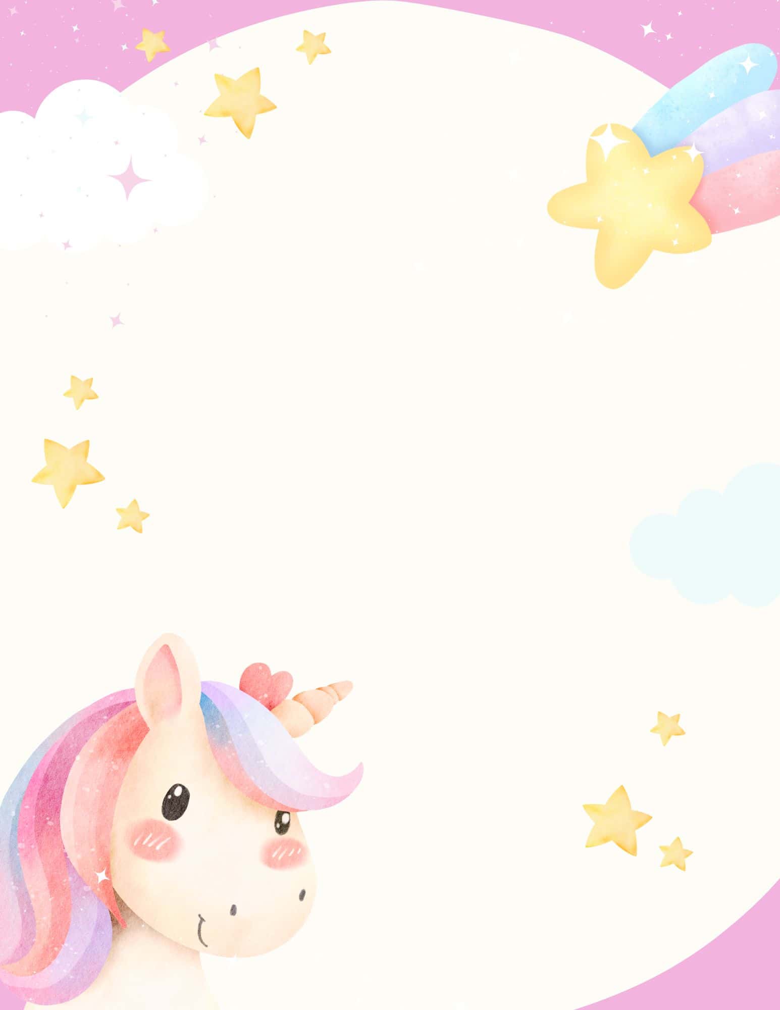 Unicorn printable paper with stars and rainbow design
