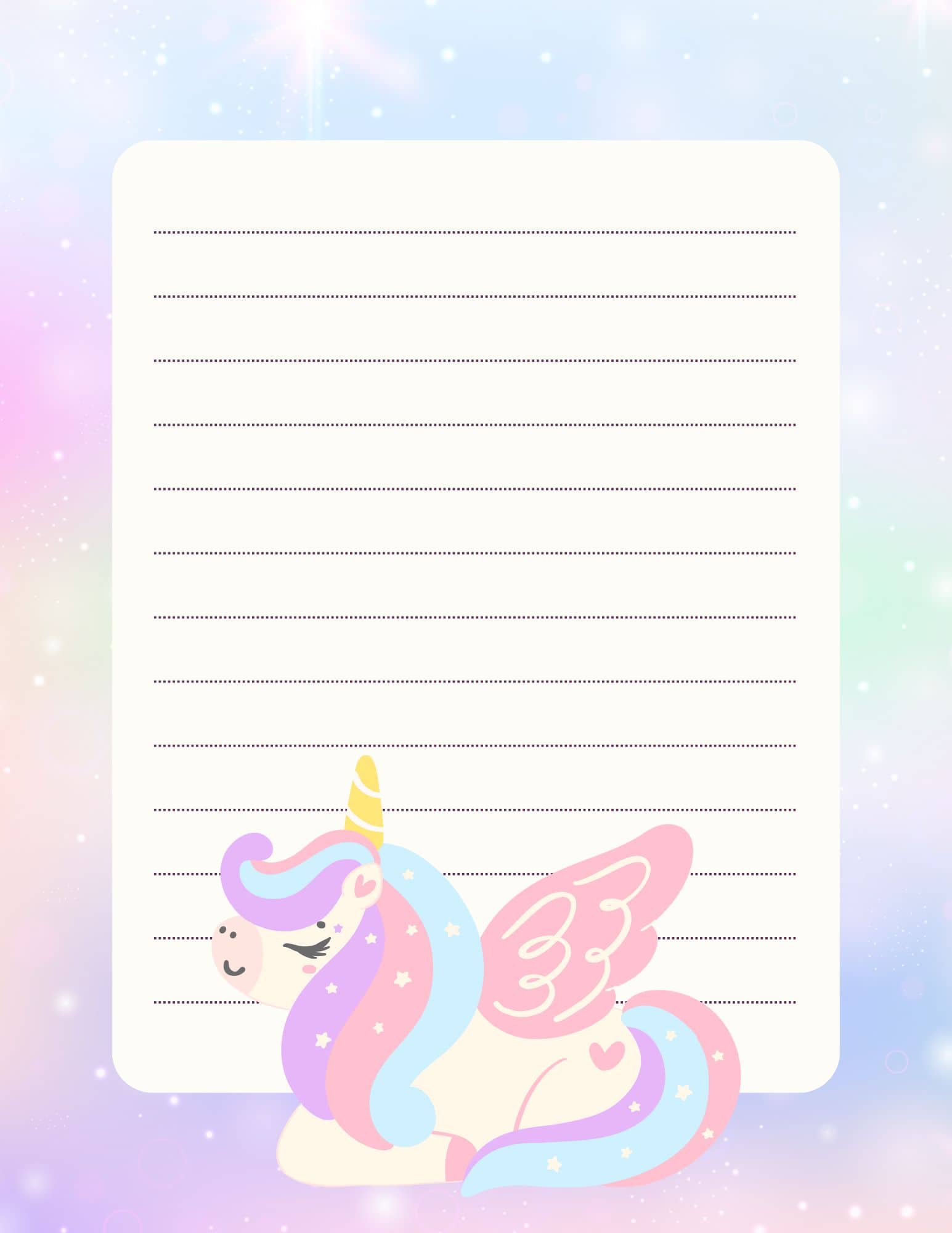 Pink unicorn printable paper with rainbow and stars