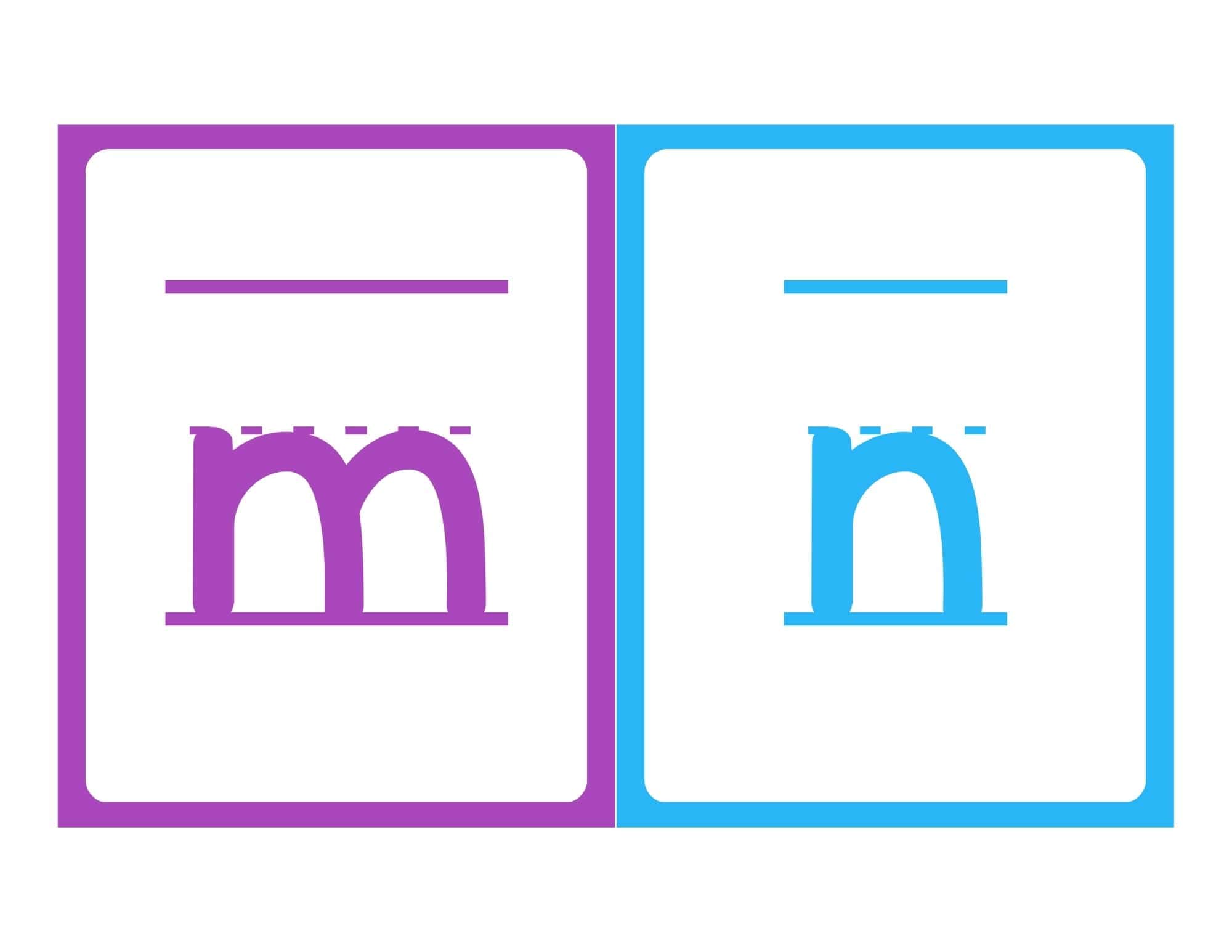 Lowercase alphabet flashcards with writing lines showing letters m and n