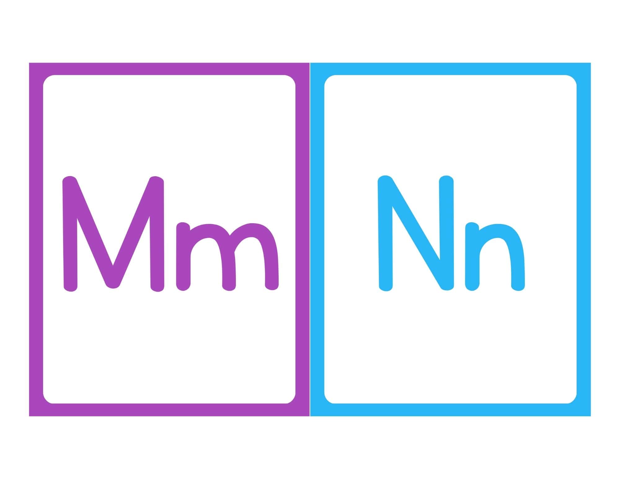 Alphabet flashcards showing Mm and Nn