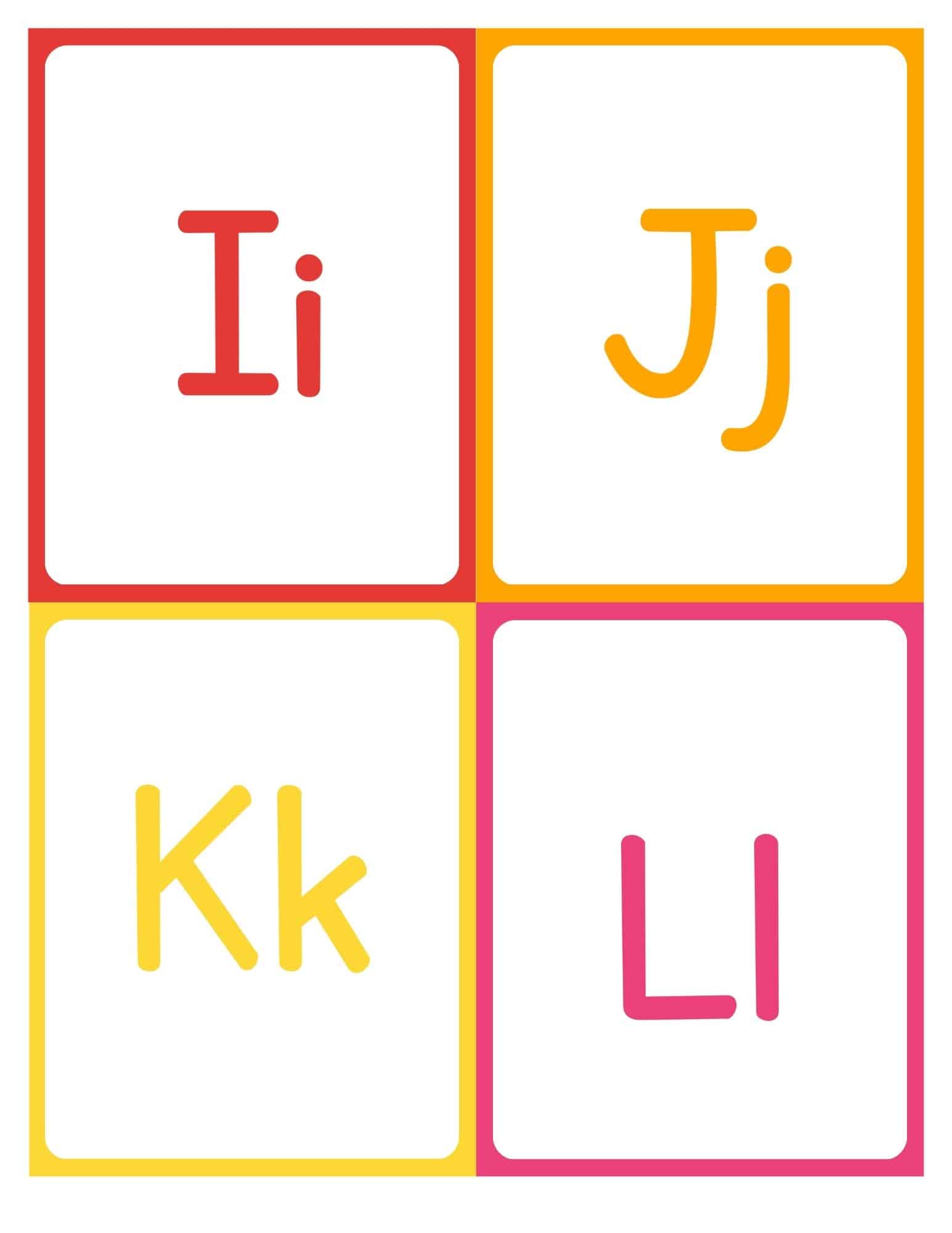 Alphabet flashcards showing Ii to Ll