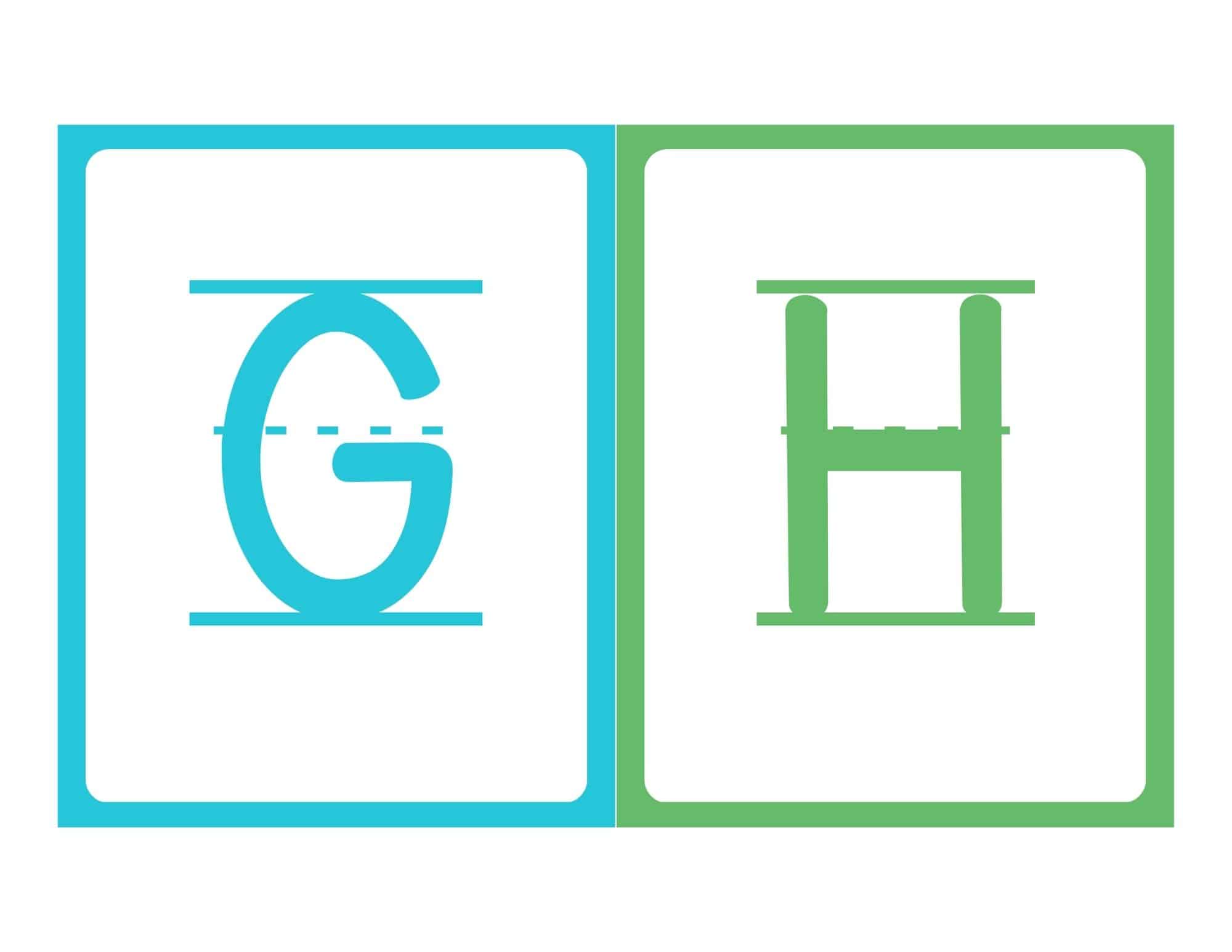 Uppercase G and H flashcards with writing lines