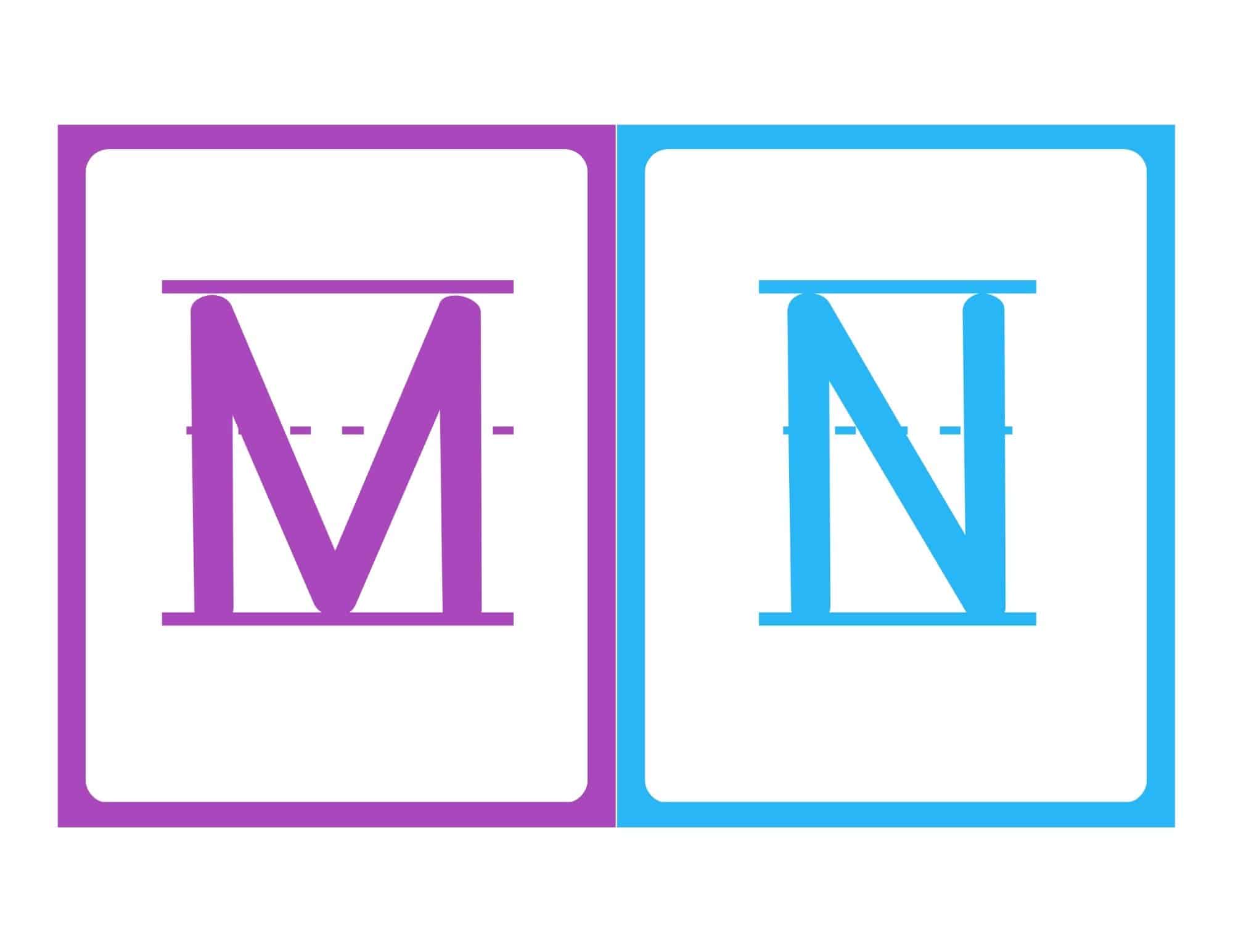 Uppercase M and N flashcards with writing lines