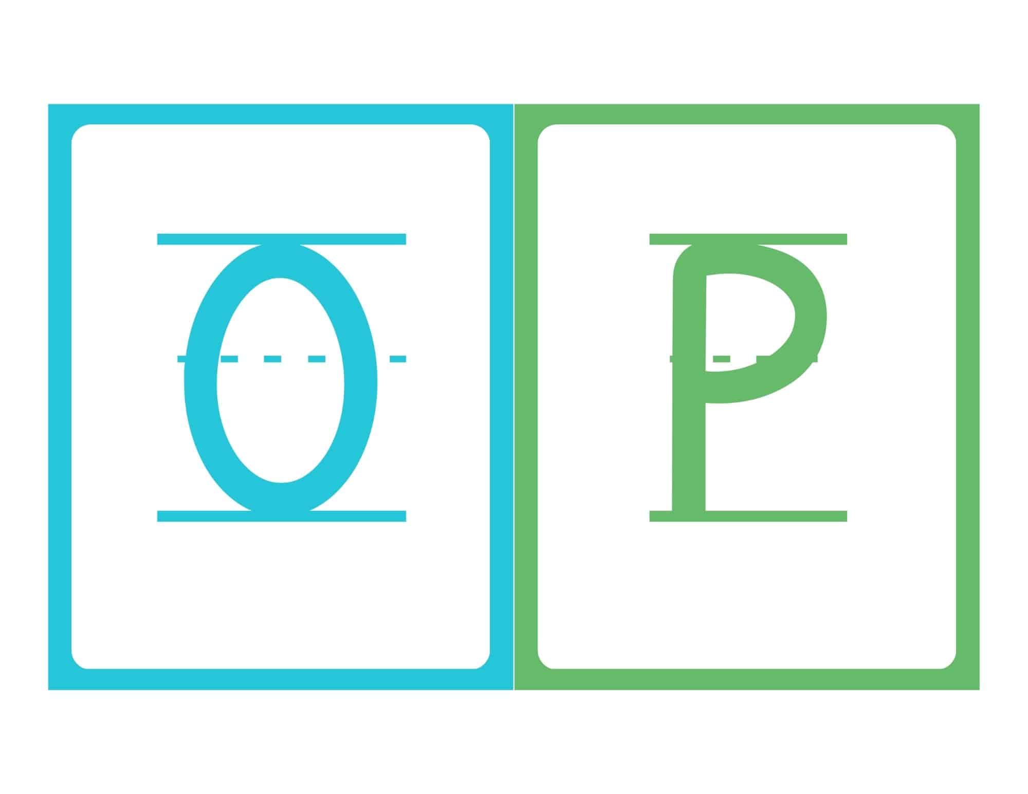 Uppercase O and P flashcards with writing lines
