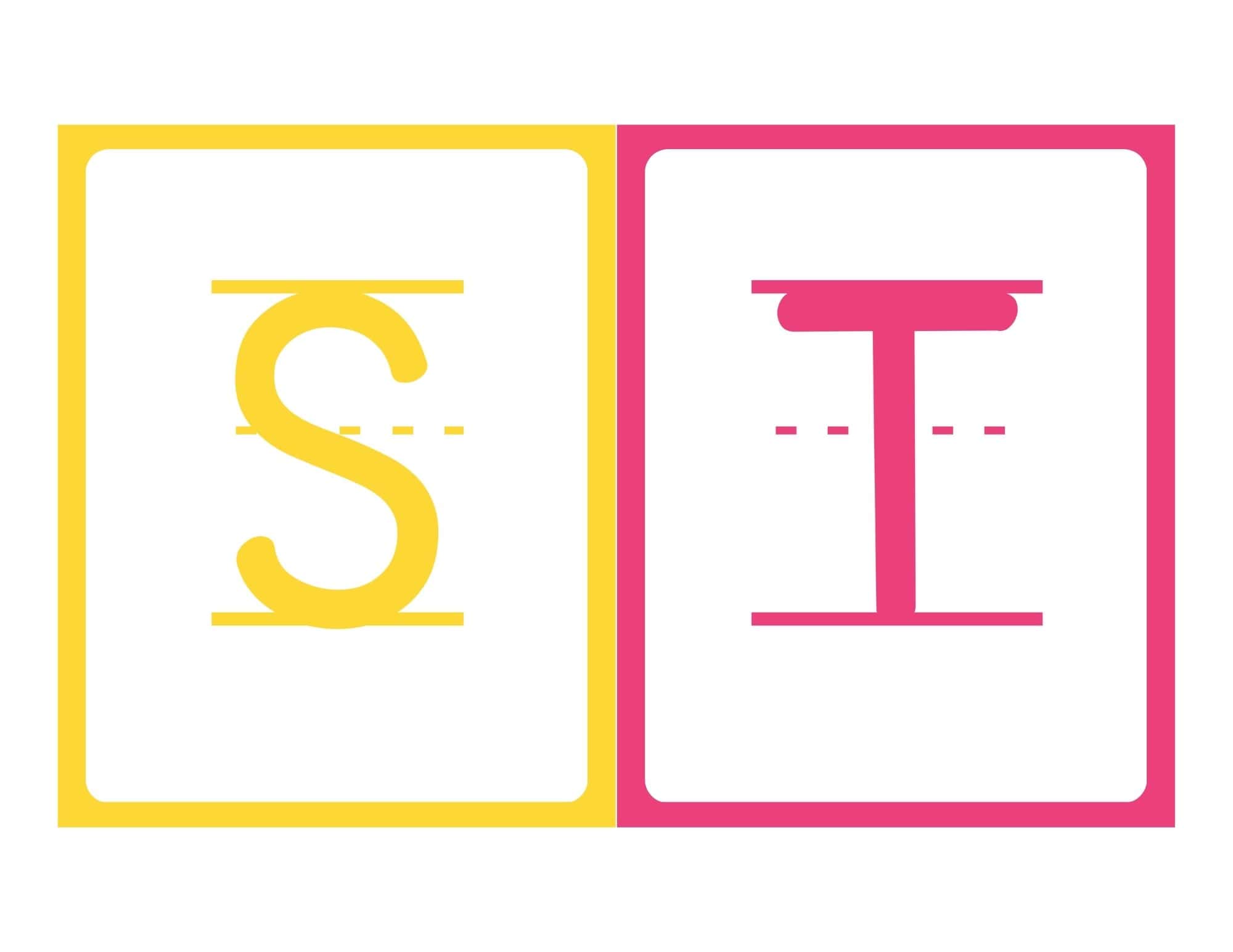 Uppercase S and I flashcards with writing lines