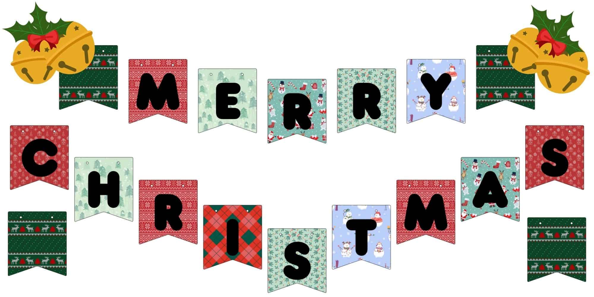 Printable Christmas banner reading MERRY CHRISTMAS on patterned pennants; DIY Christmas banner, classroom Christmas decor.