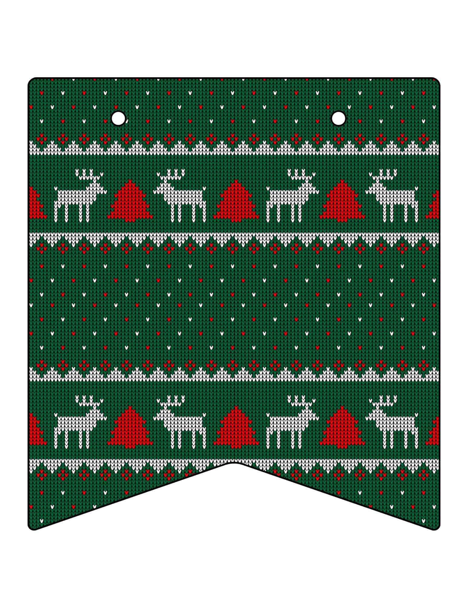 Printable Christmas banner with a knitted pattern of reindeer and trees on green.