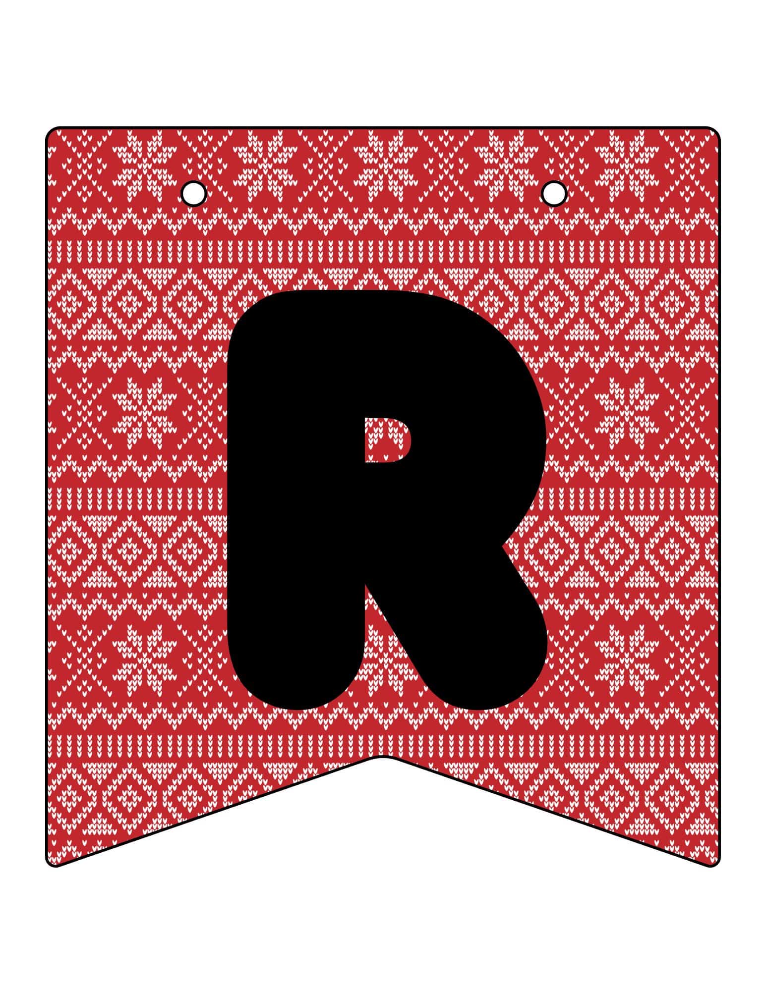 Printable Christmas banner featuring a bold black letter R on a red knit-pattern backdrop.