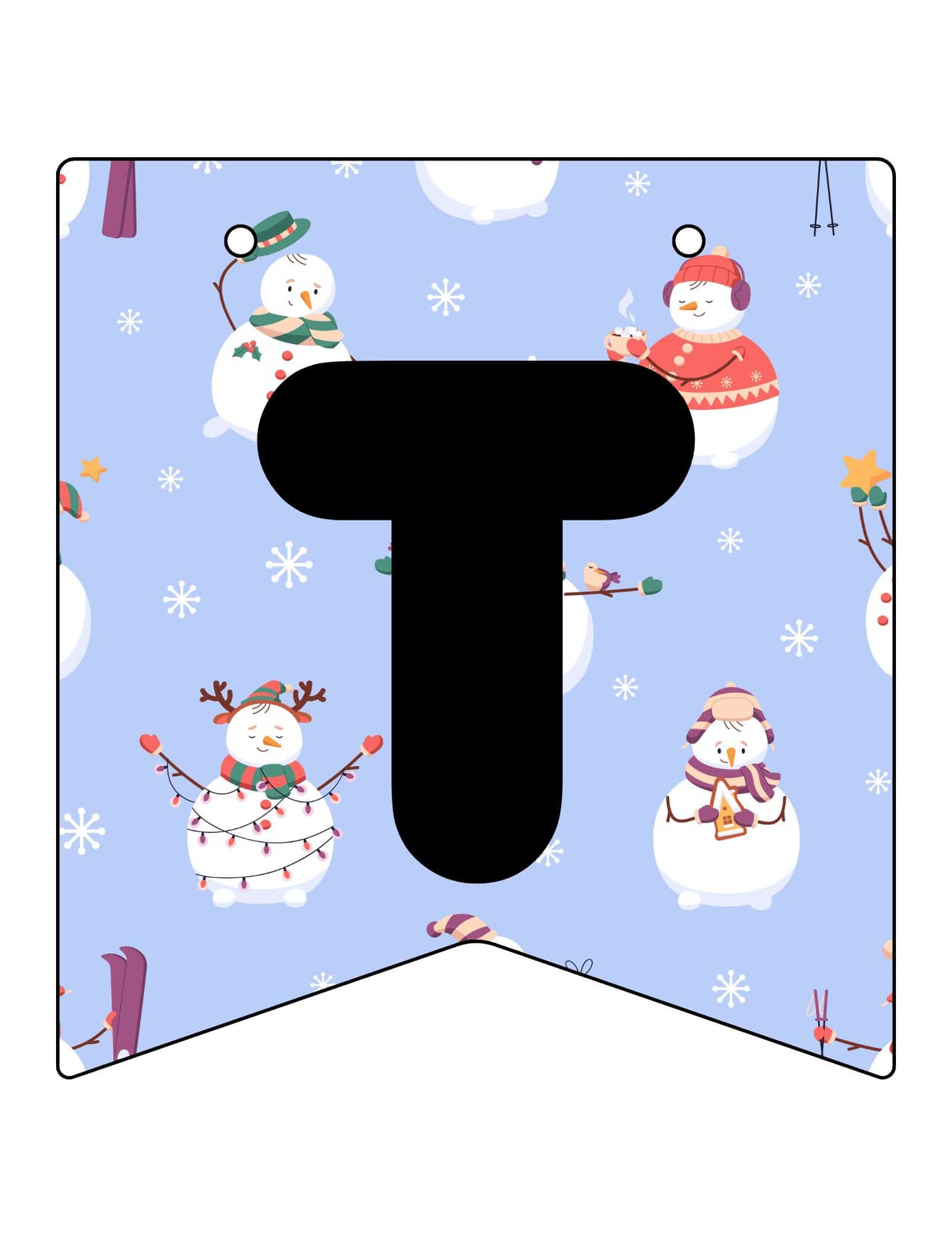 Printable Christmas banner with a large black T on a light blue snowy backdrop featuring snowmen.