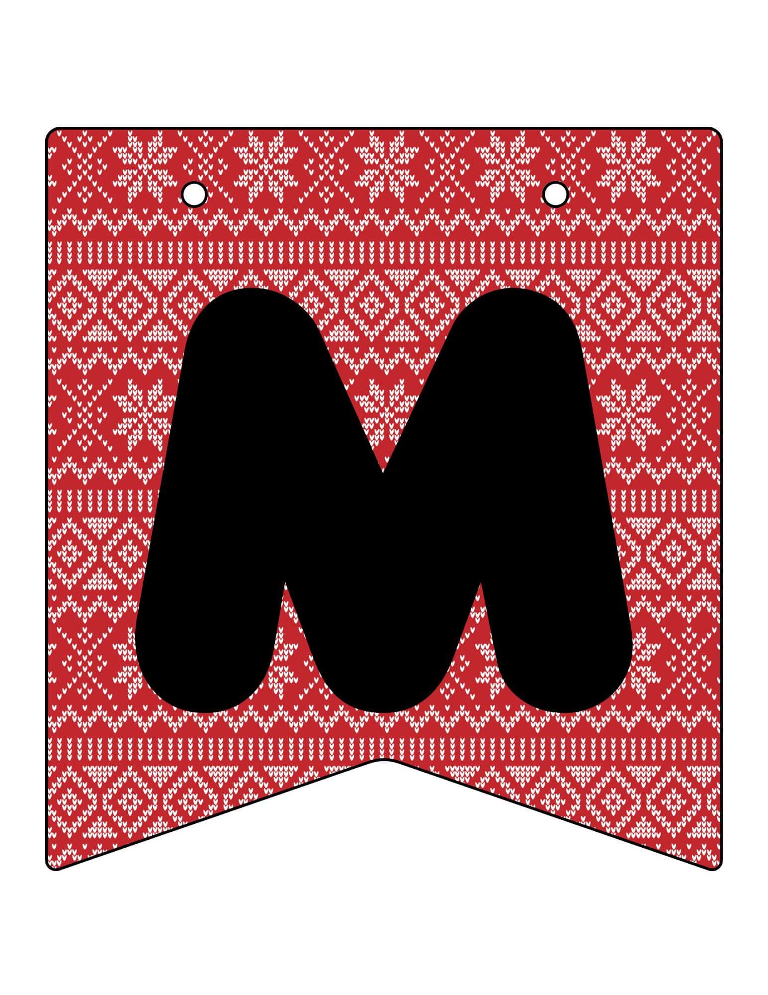 Printable Christmas banner for DIY Christmas decor, featuring a red knit pattern and a bold black M.