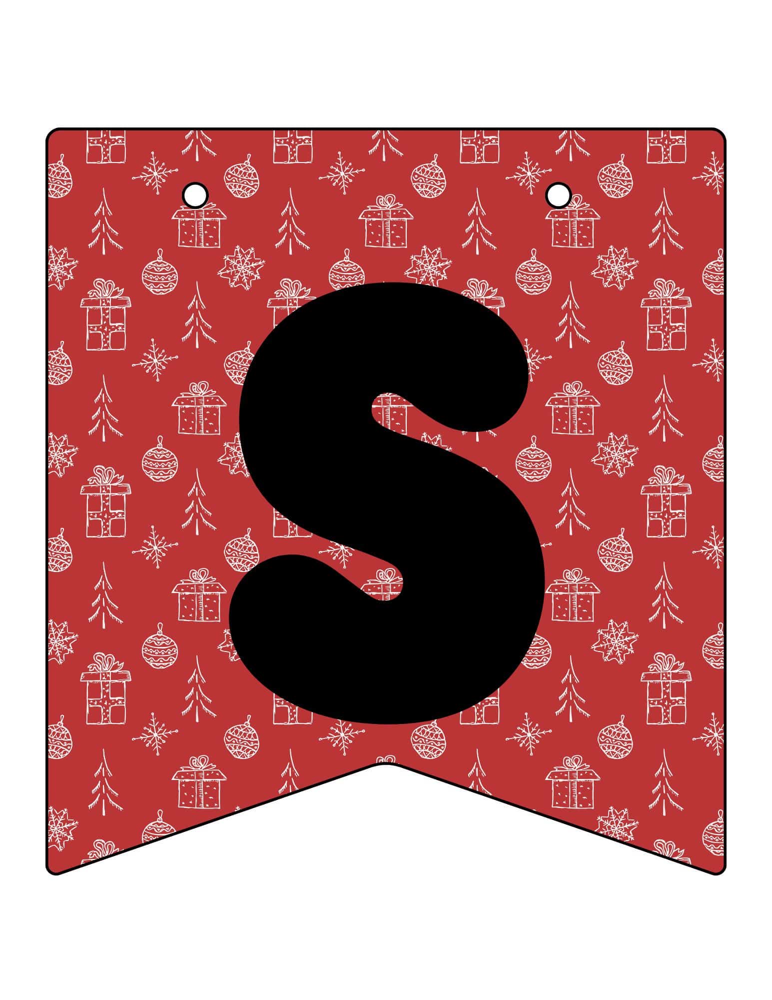 Printable Christmas banner with a bold black S on a red background of gifts, trees, and snowflakes.