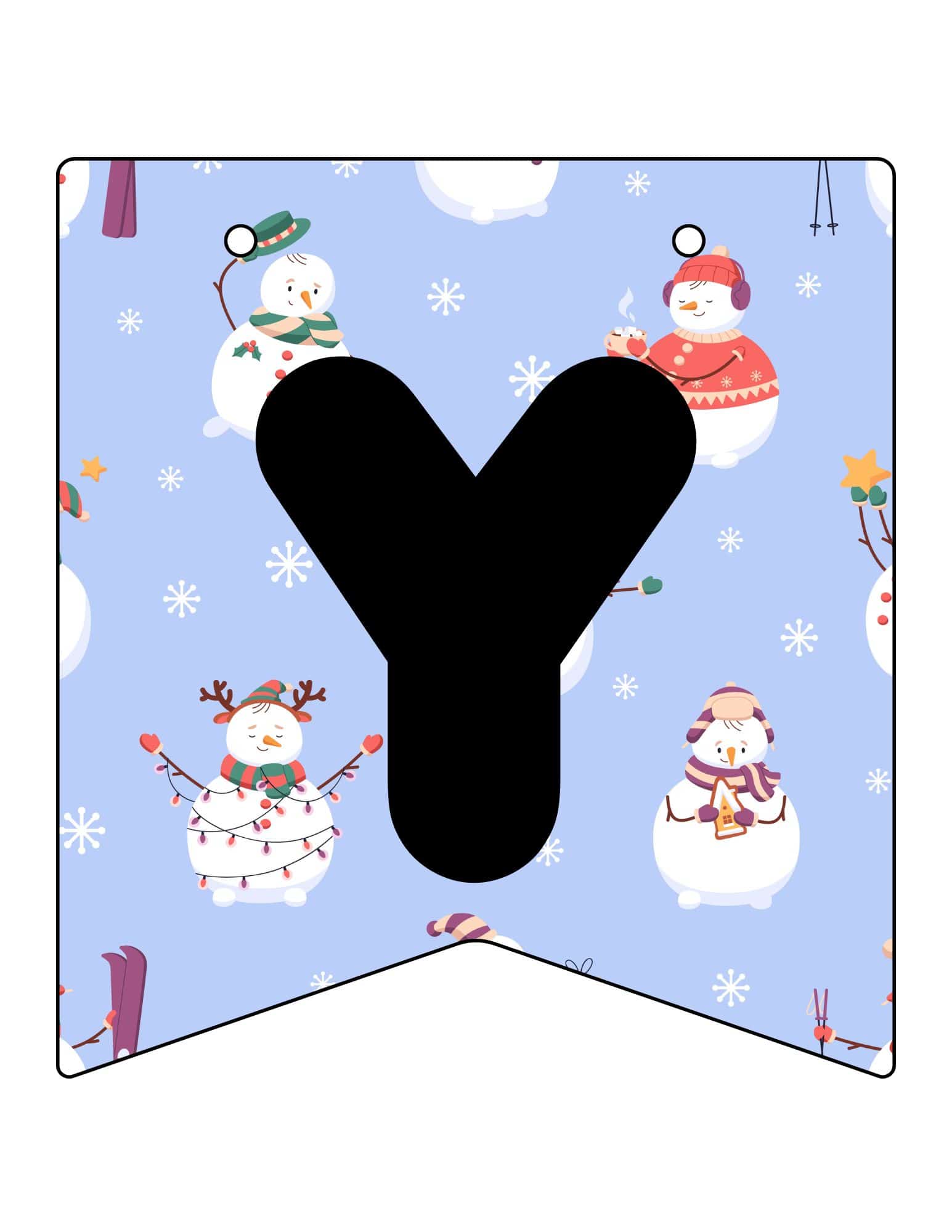 Printable Christmas banner with a large black Y over a snowy scene with snowmen.