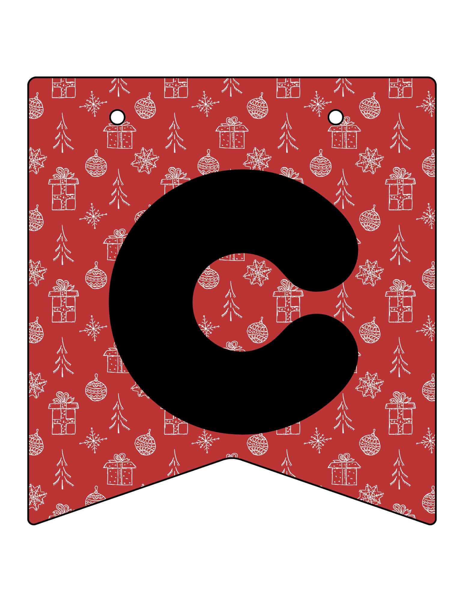 Printable Christmas banner with a large black C on a red background featuring white holiday icons.