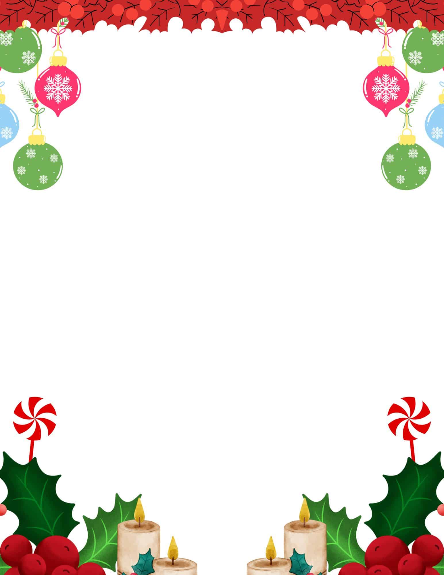 Printable paper with Christmas borders featuring hanging ornaments at the top and holly and candles along the bottom.