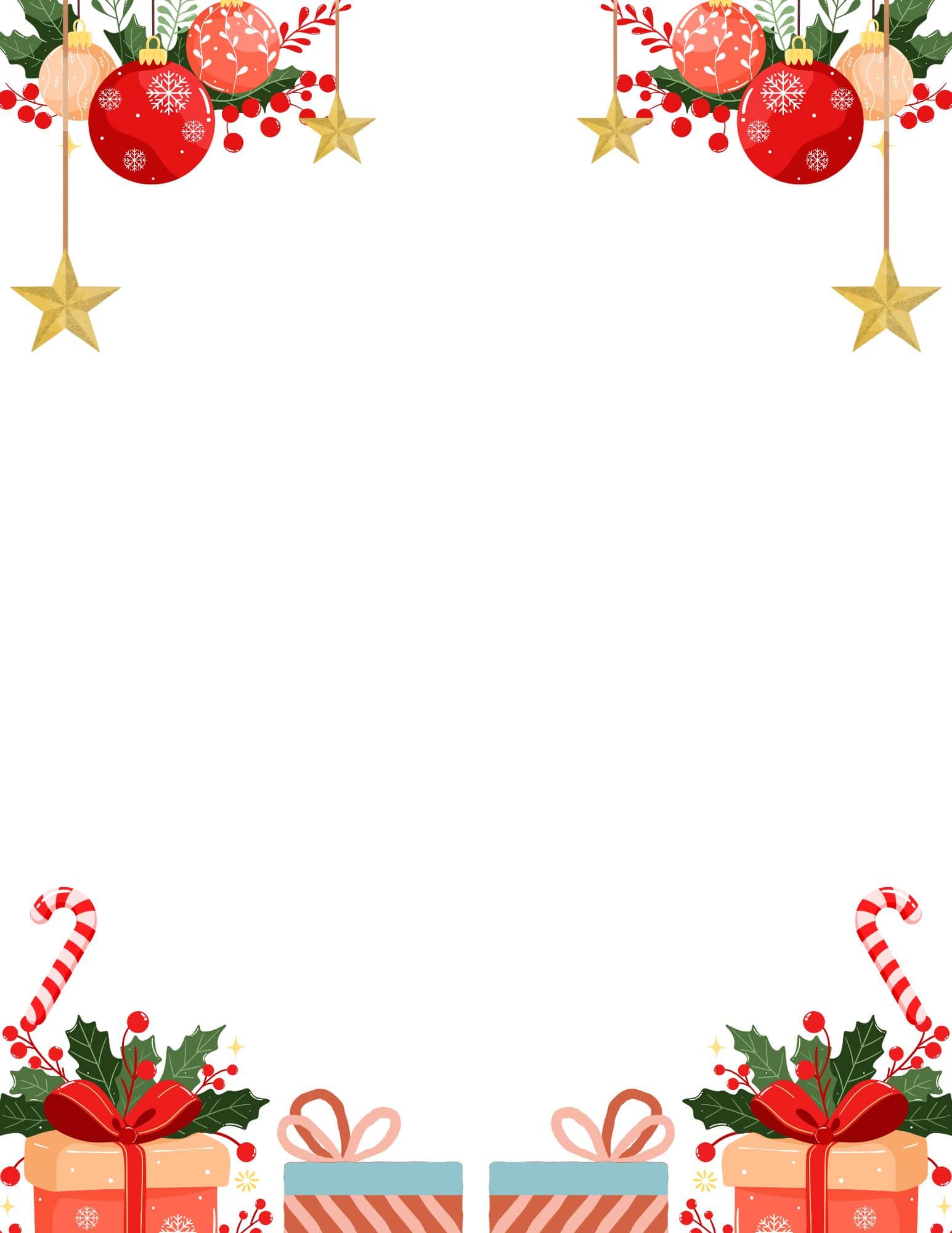 Printable paper with Christmas borders featuring ornaments and gifts for DIY Christmas crafts and scrapbooking.