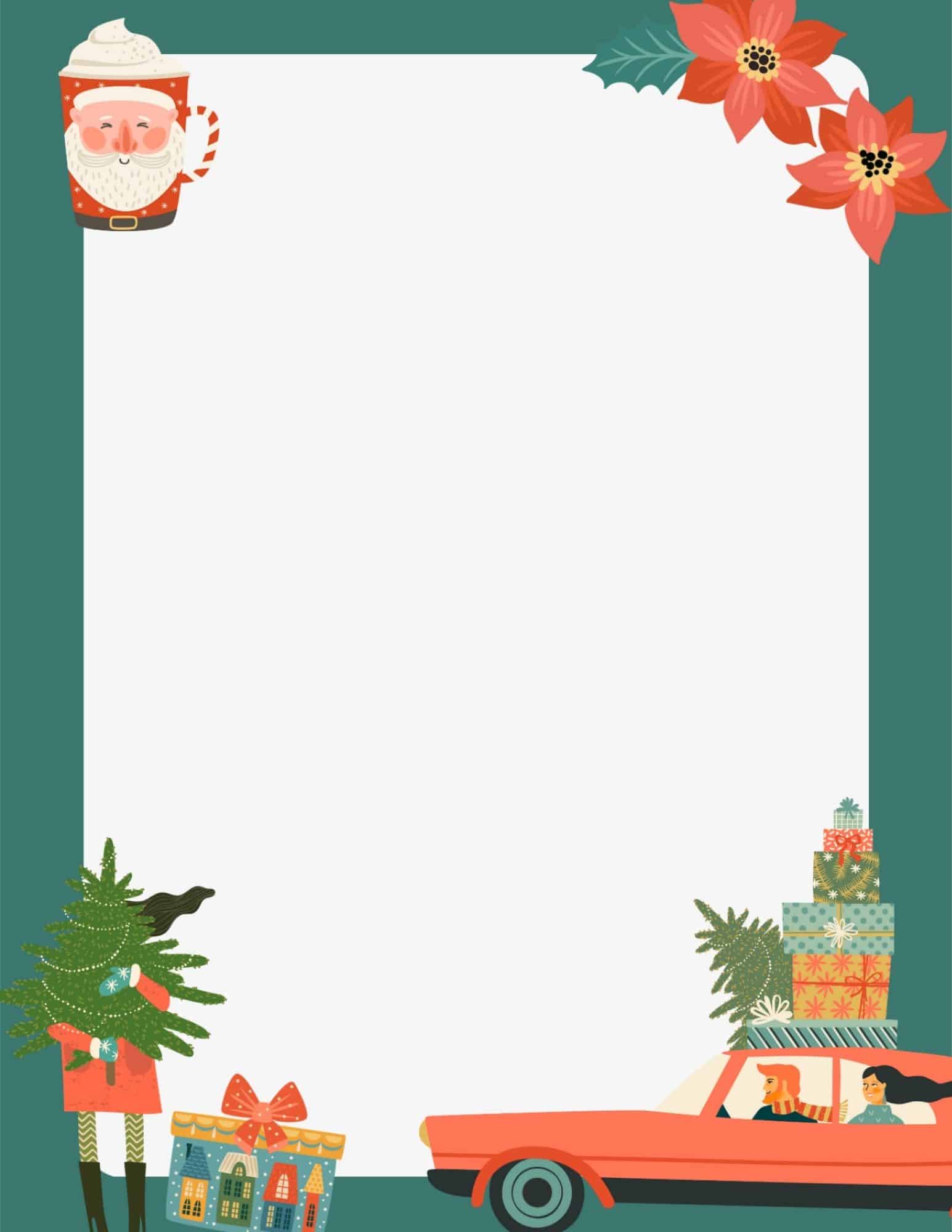 Printable paper with Christmas borders, teal frame, Santa mug, poinsettias, and gift stacks.