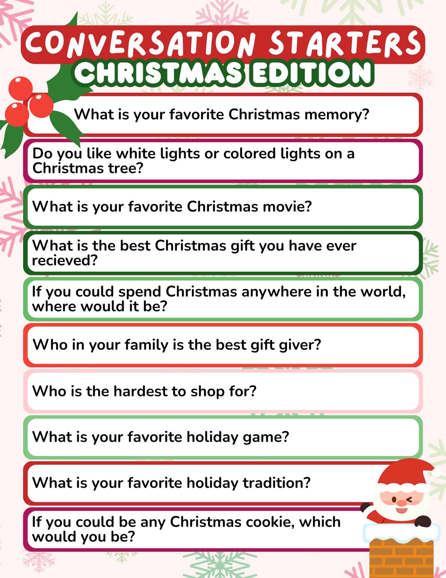 Conversation Starters: Christmas Edition' printable with 10 questions plus Santa and holly.