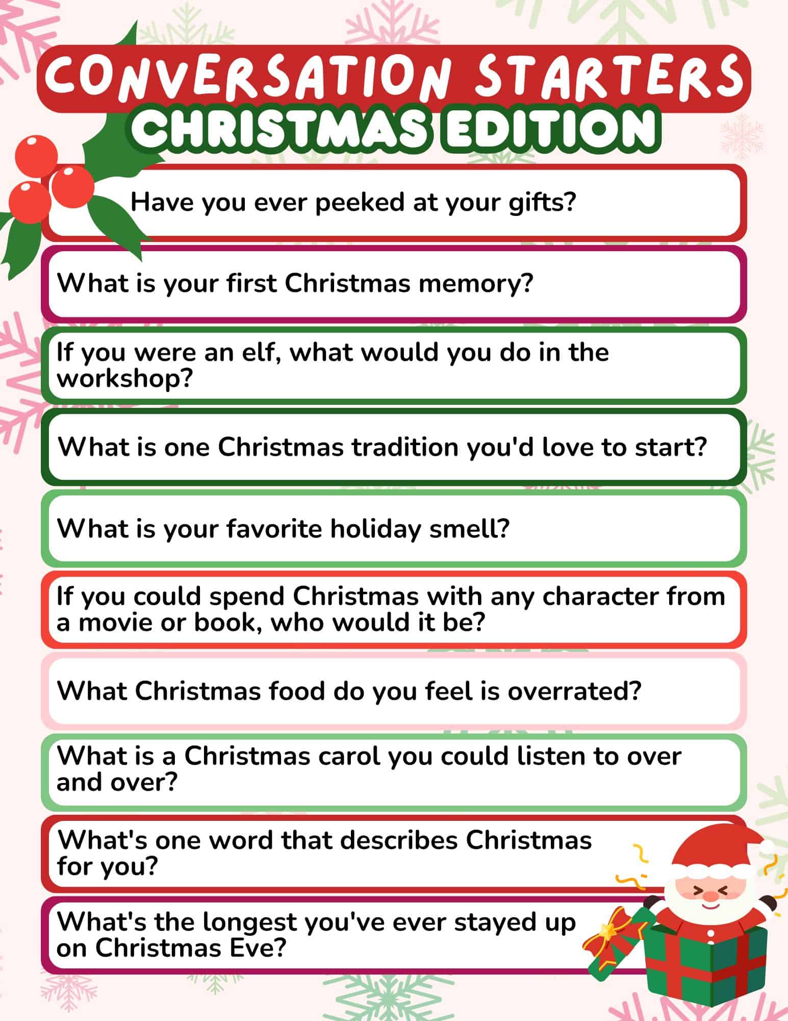 Christmas conversation starters printable with ten question prompts.