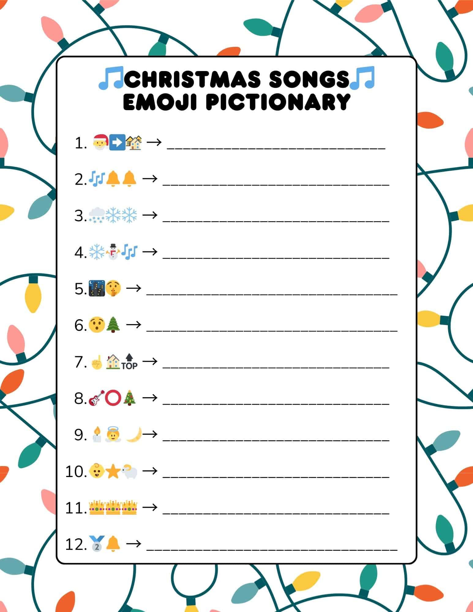 Christmas Songs Emoji Pictionary worksheet with 12 emoji clues and answer lines, light string border.