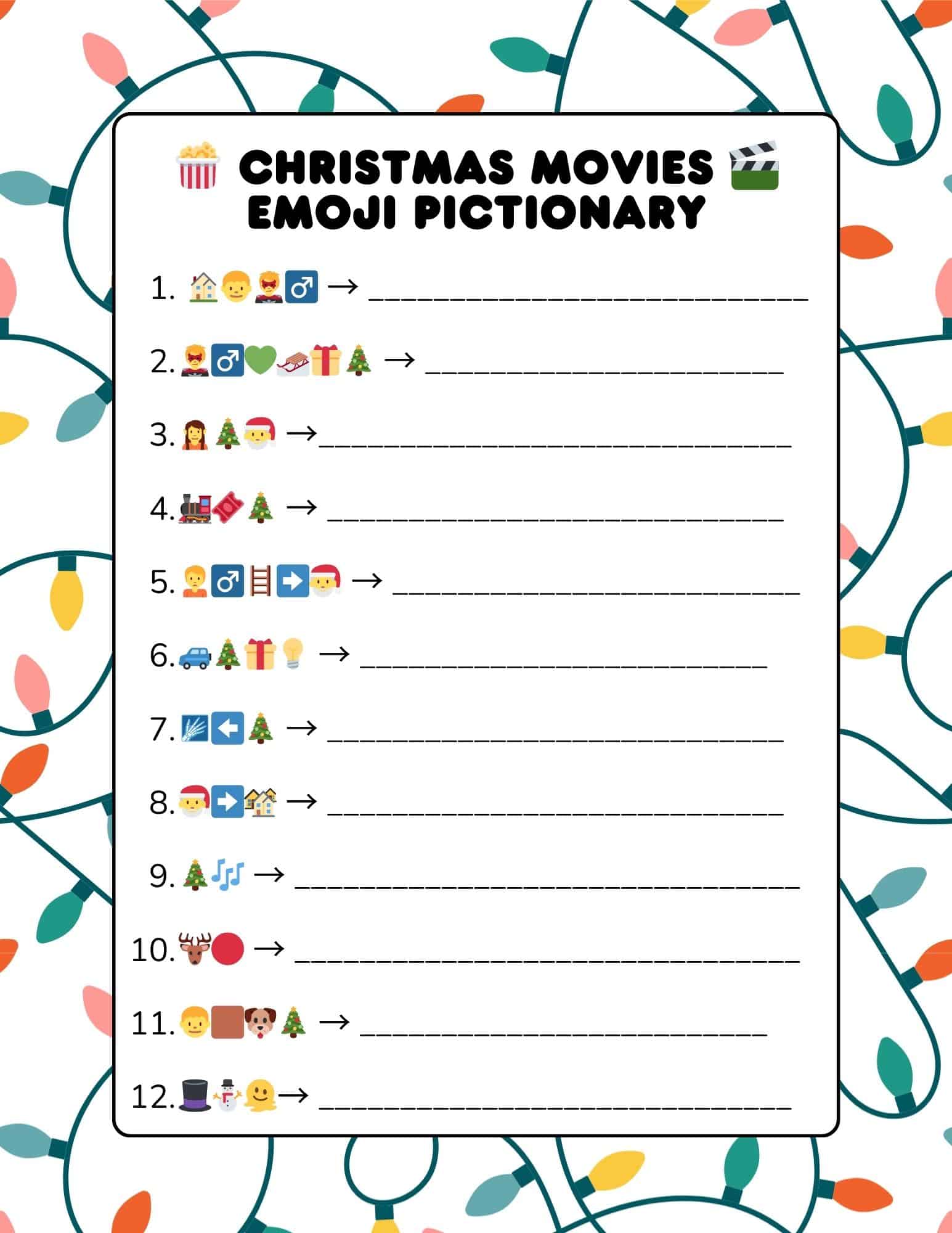 Christmas songs emoji pictionary worksheet with 12 emoji clues and blank lines for answers.