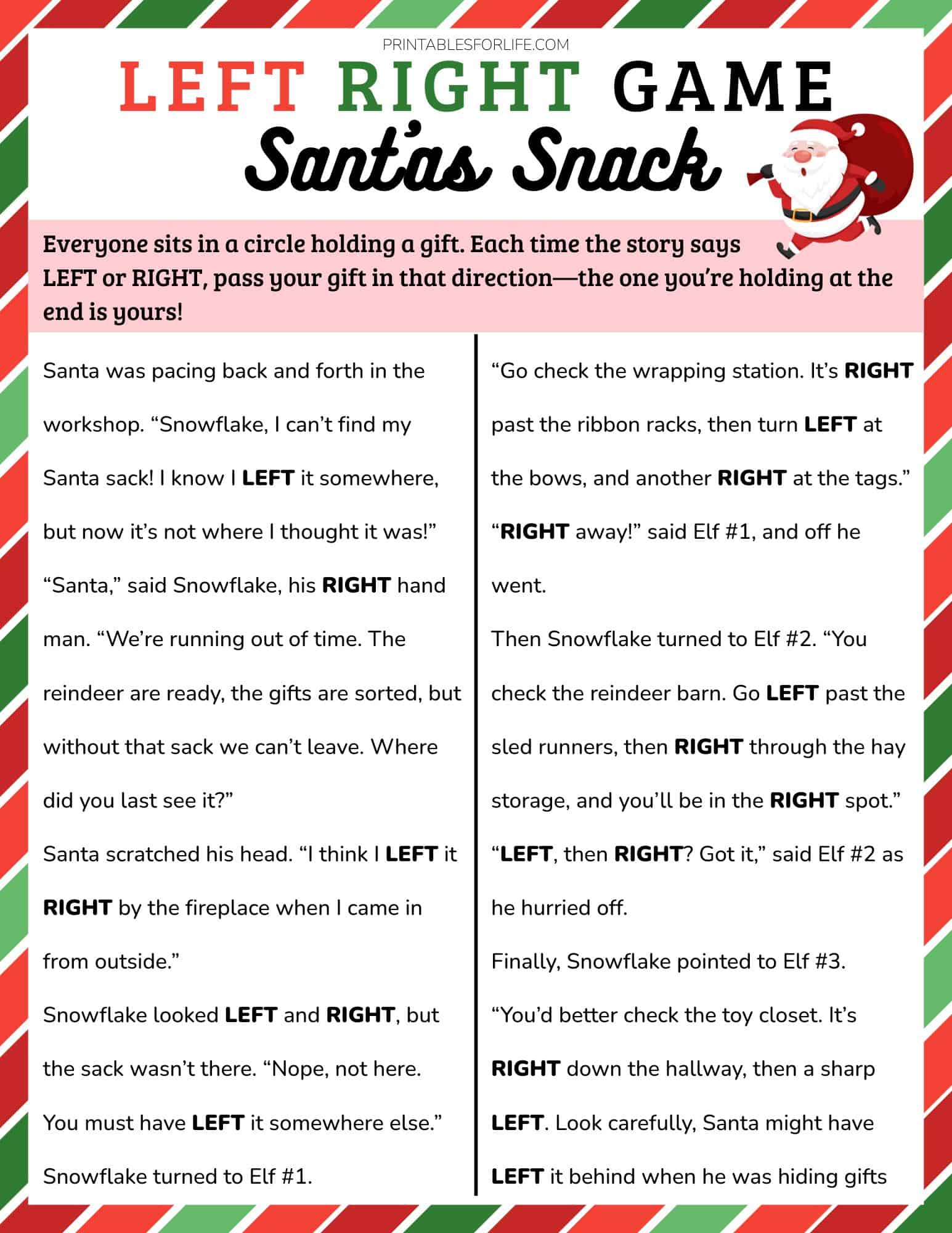 Printable Christmas games: Left Right game with Santa story for family and kids.