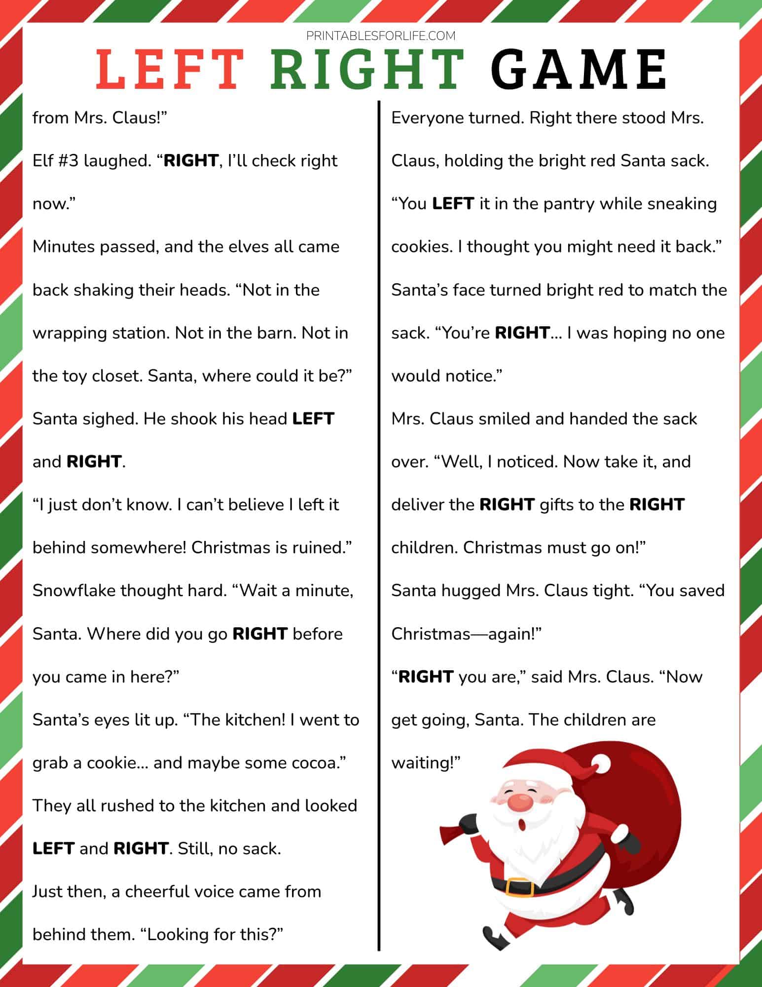 Two-column Christmas left-right game page with a festive red-green border and a Santa illustration.