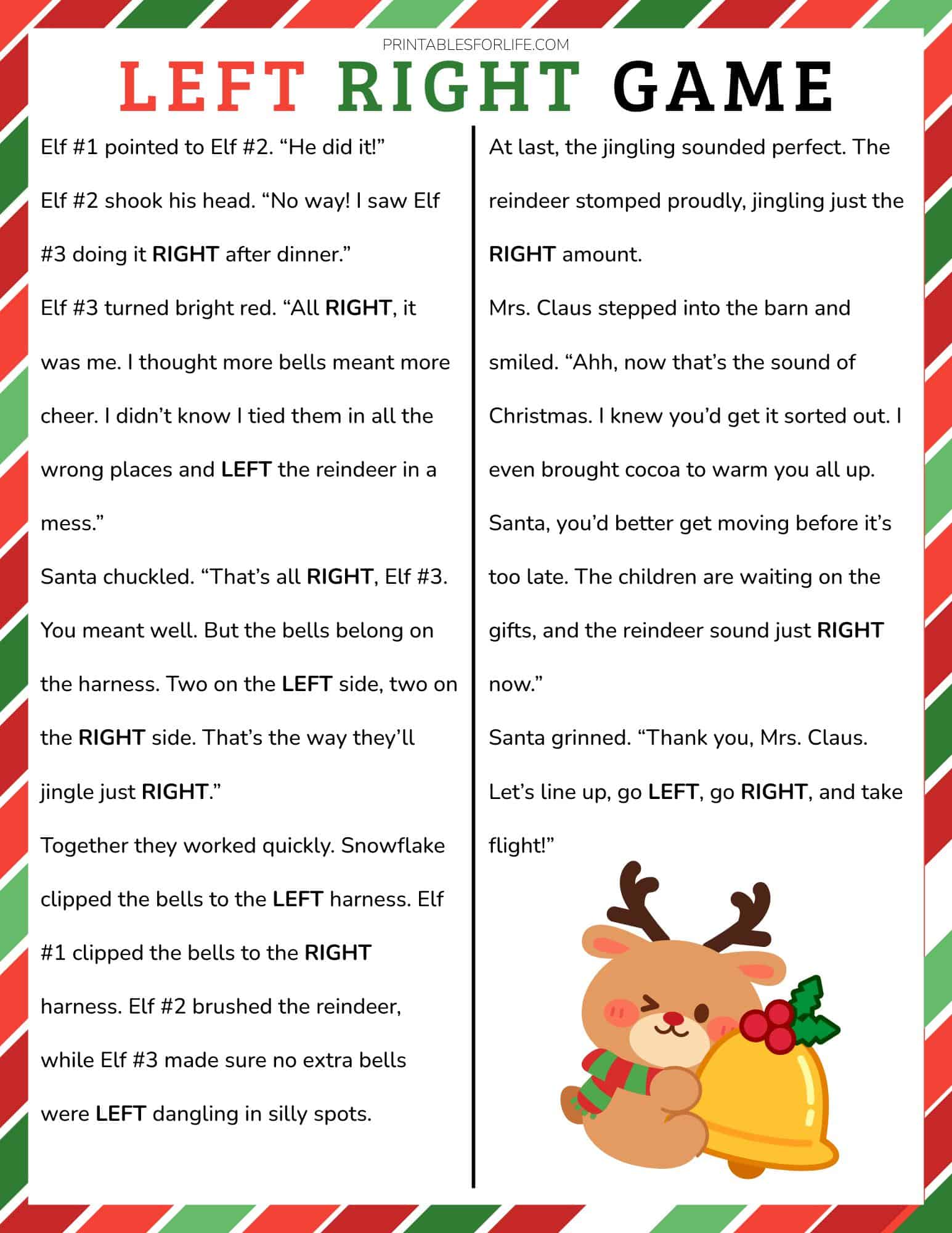 Printable Christmas left right across game with a story and a reindeer illustration.