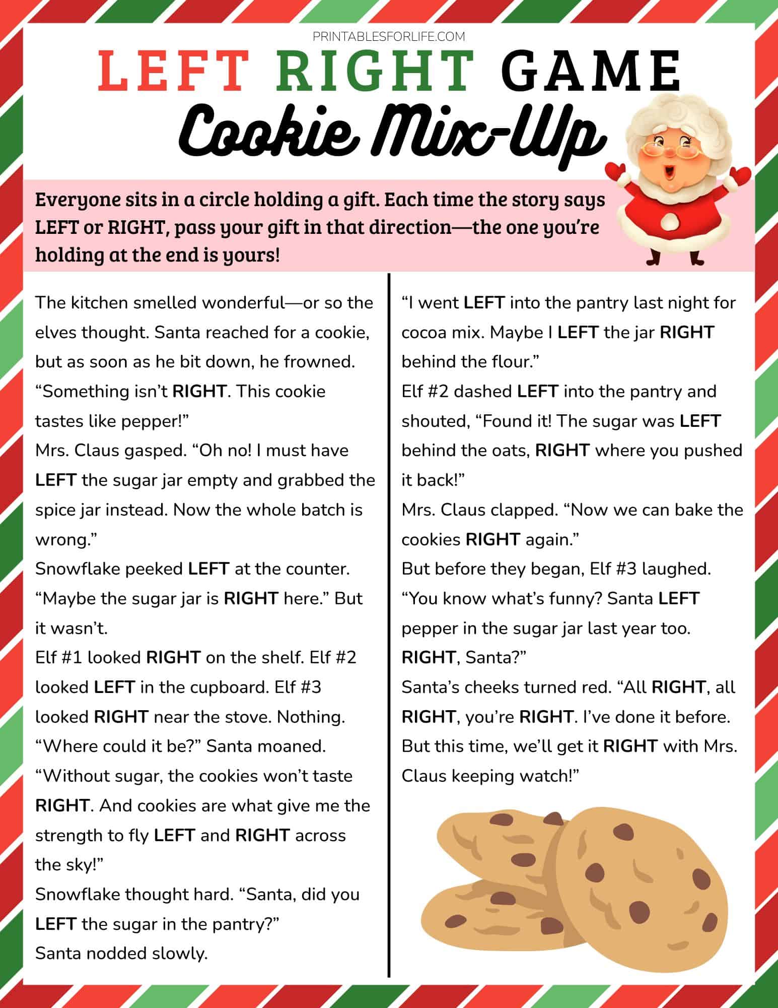 Printable Christmas left-right game sheet with a cookie mix-up story and red-green border.