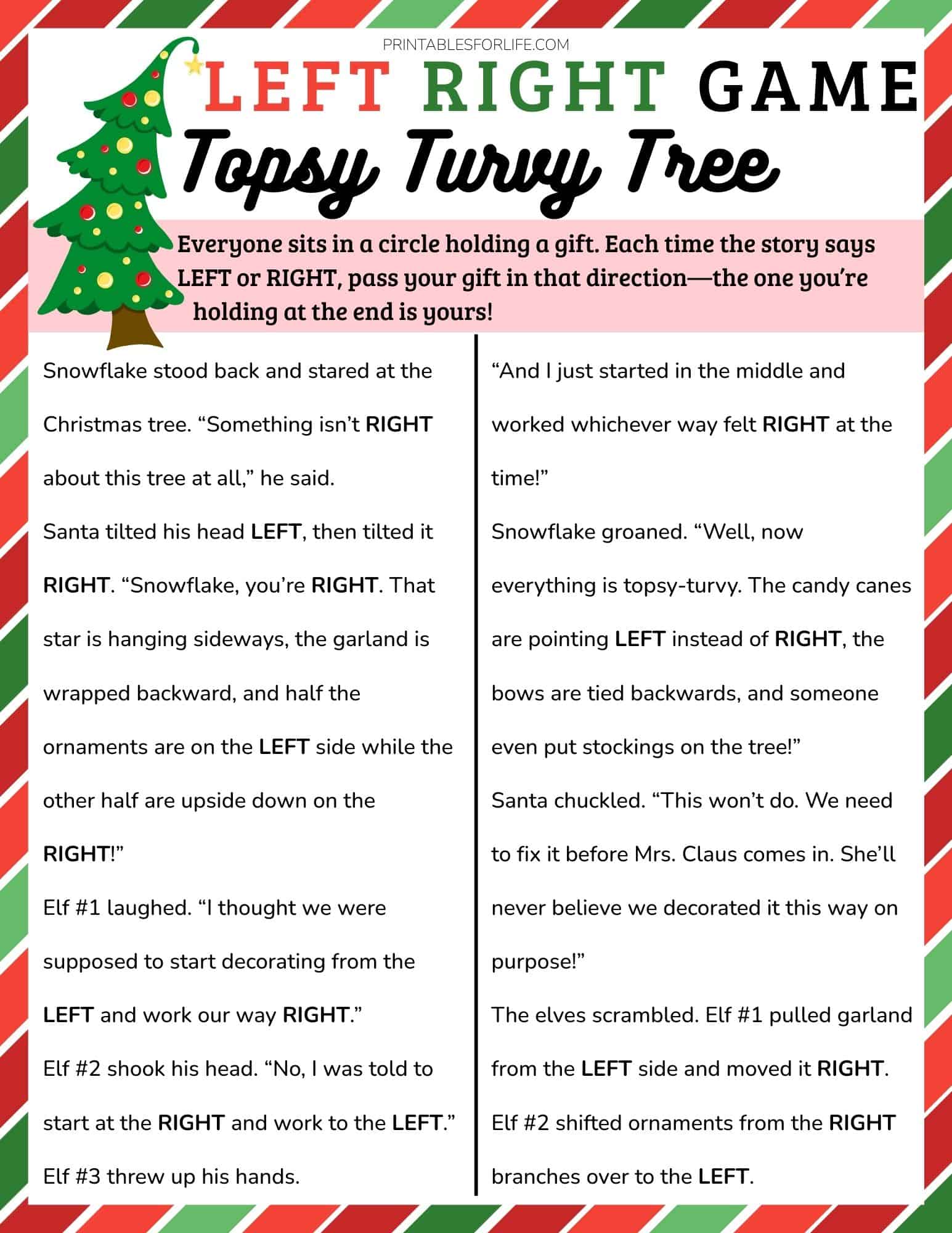Printable Left Right Game spread, 'Topsy Turvy Tree', with Christmas border and two-column story text.