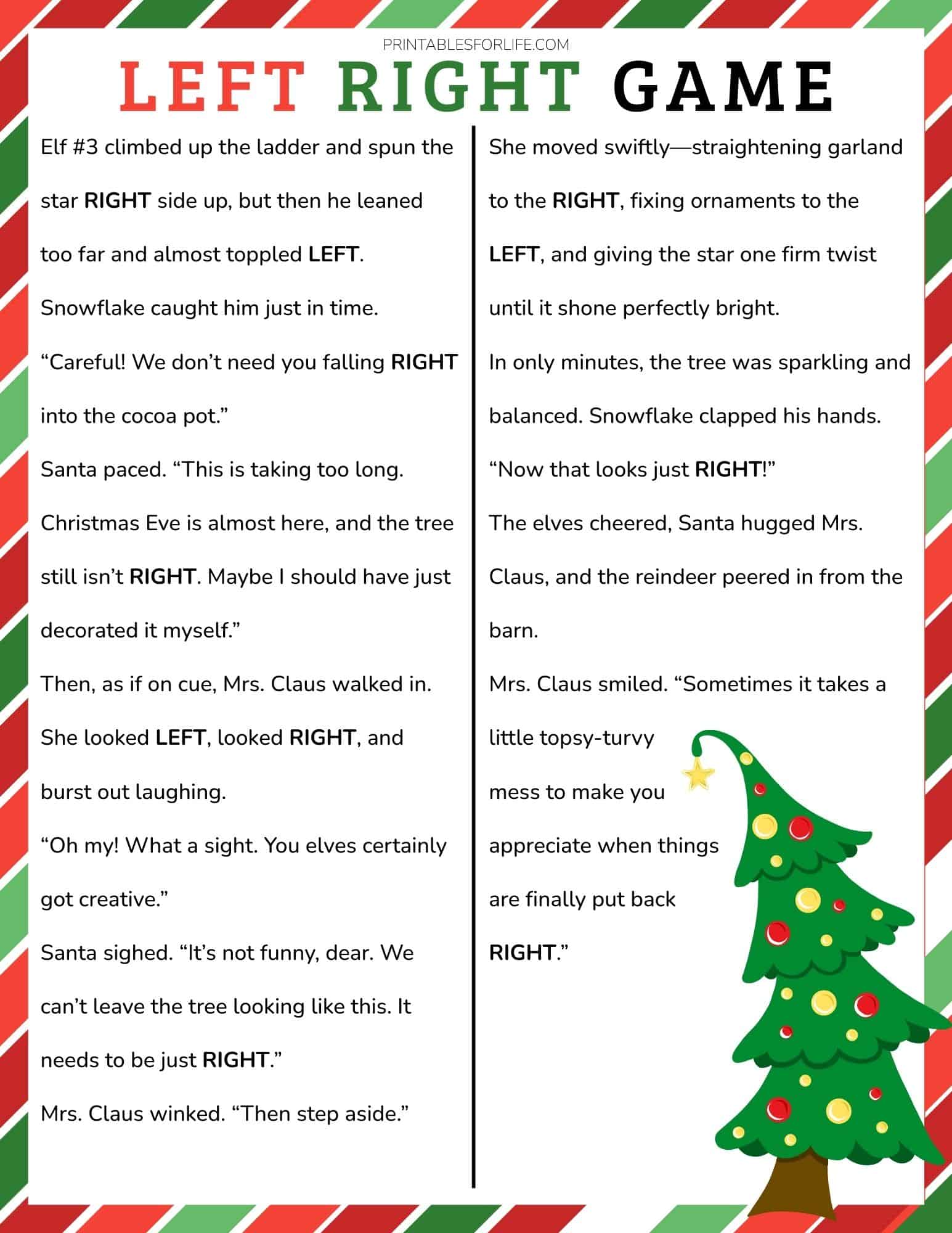Printable Christmas left-right game with two text columns, festive border, and a Christmas tree.