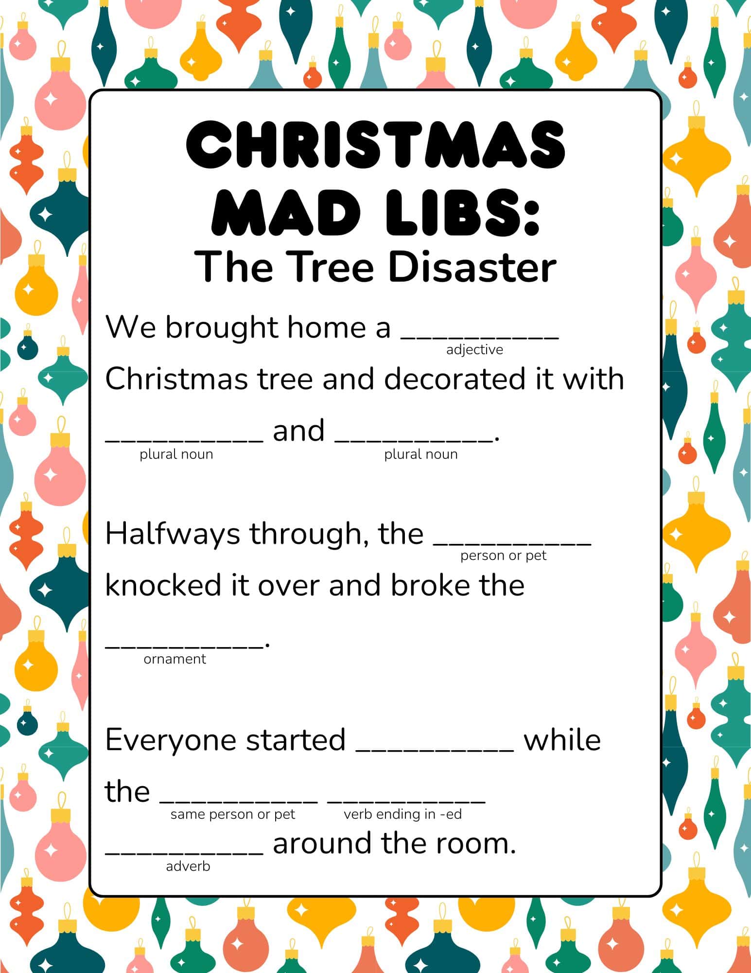 Christmas mad libs worksheet titled 'Santa's Crazy Ride' with fill-in-the-blank prompts.