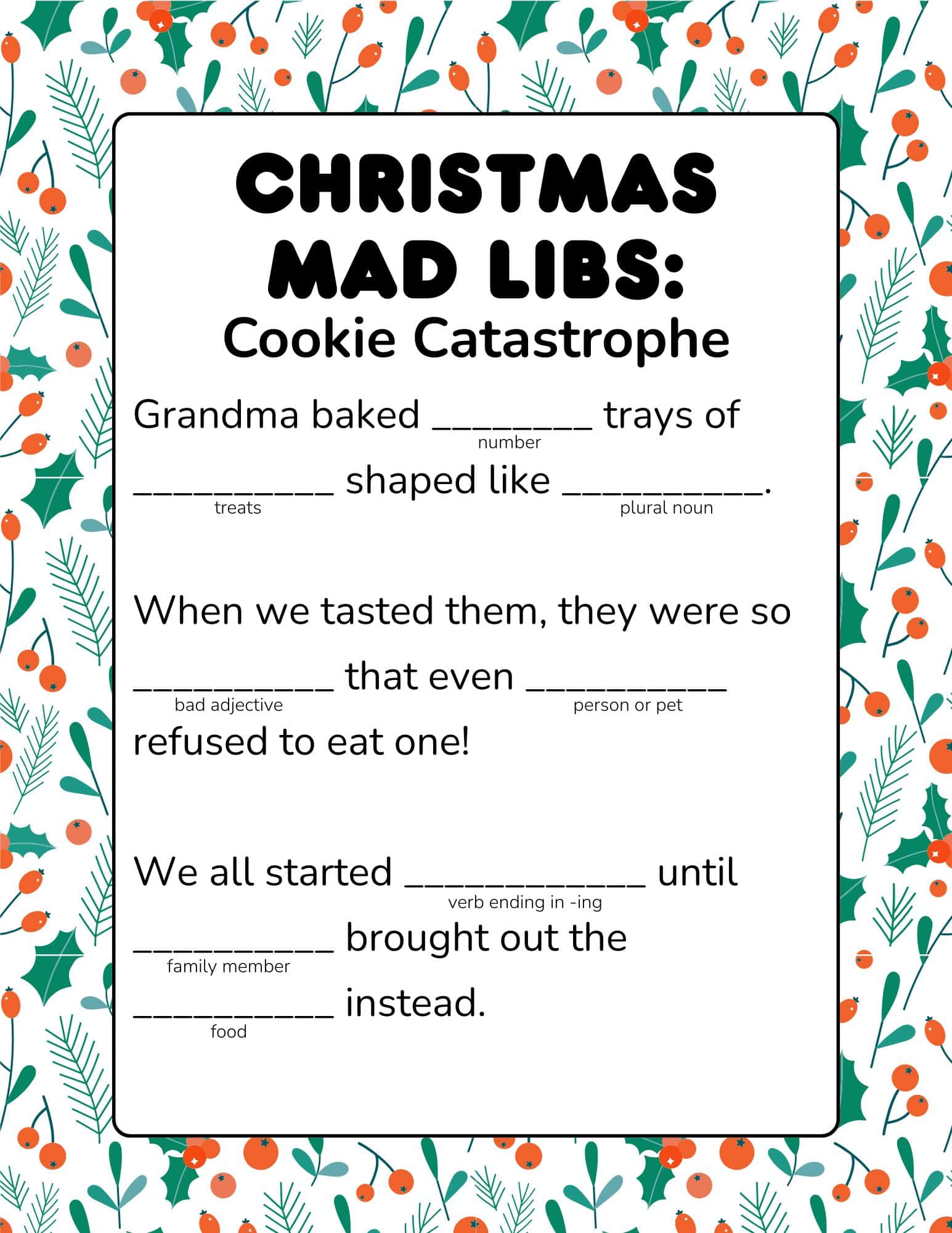 Christmas Mad Libs worksheet, 'Santa's Crazy Ride,' with blanks to fill and a string light border.