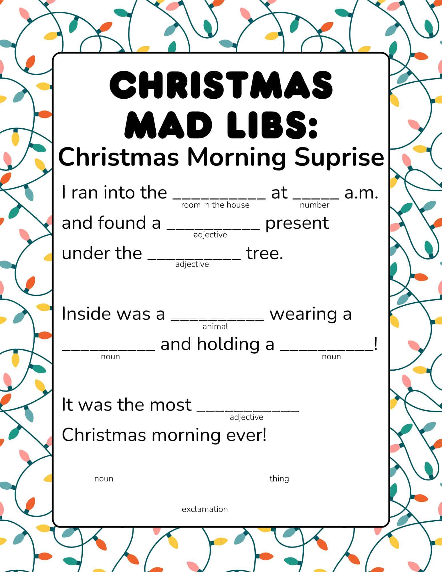 Printable Christmas Mad Libs worksheet: Santa's Crazy Ride with fill-in blanks.
