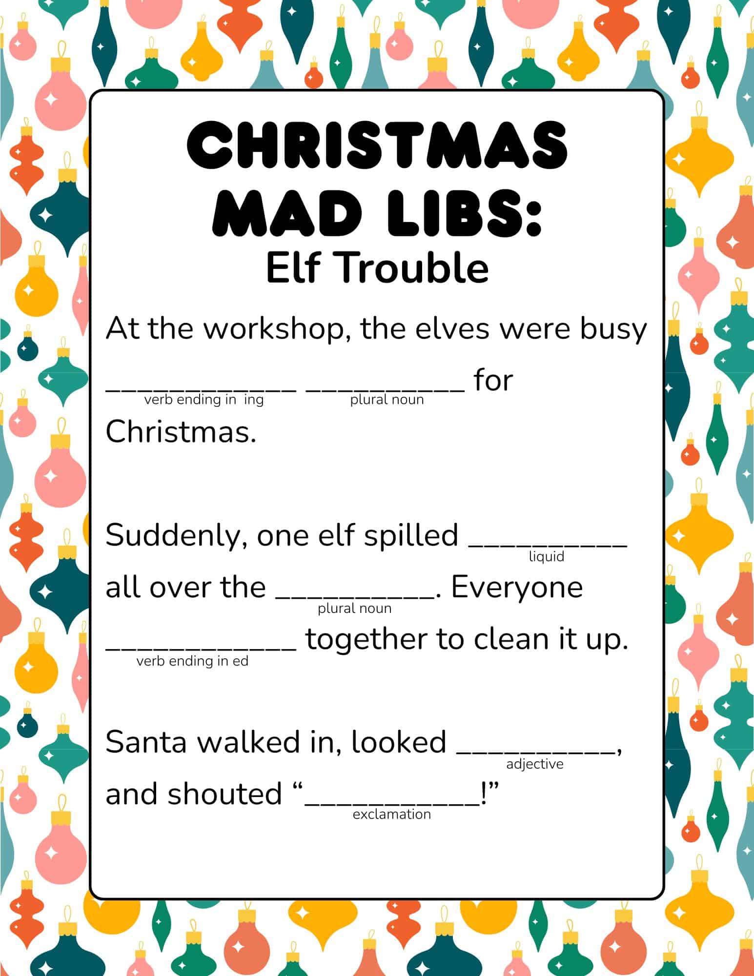 Christmas Mad Libs worksheet titled 'Santa's Crazy Ride' with blanks for words.