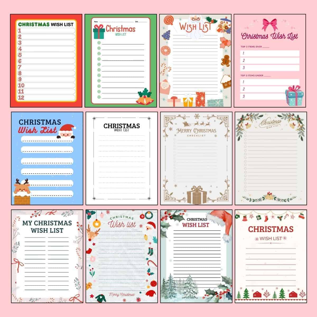 Christmas wish list template with lines, small icons at top, and trees and houses along the bottom.