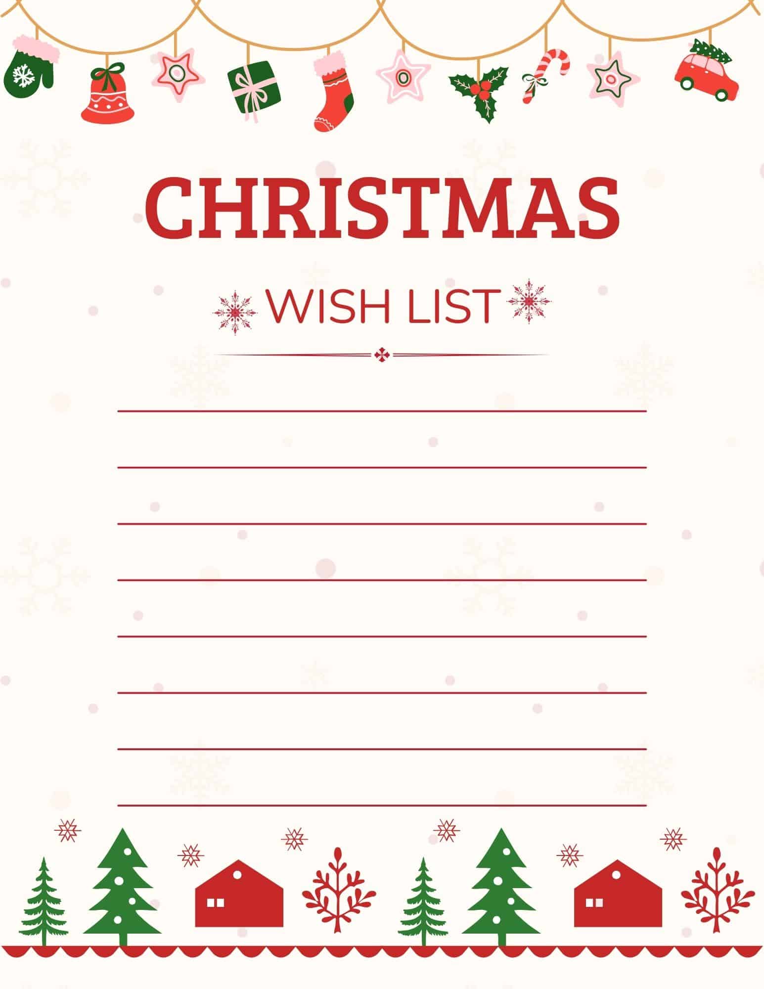 Christmas wish list template with lines, small icons at top, and trees and houses along the bottom.