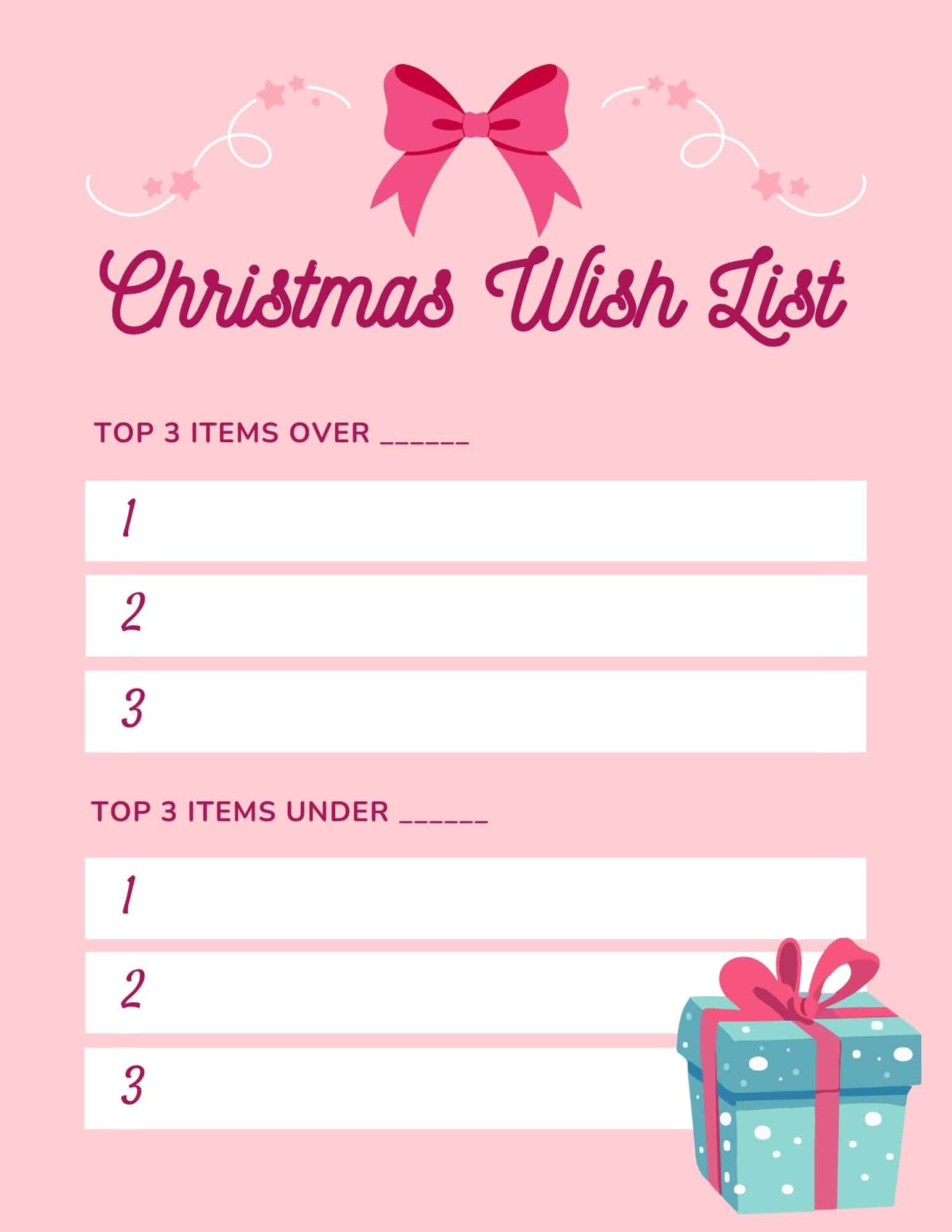 Christmas wish list template with header and blank lines, icons across top, trees and houses border.
