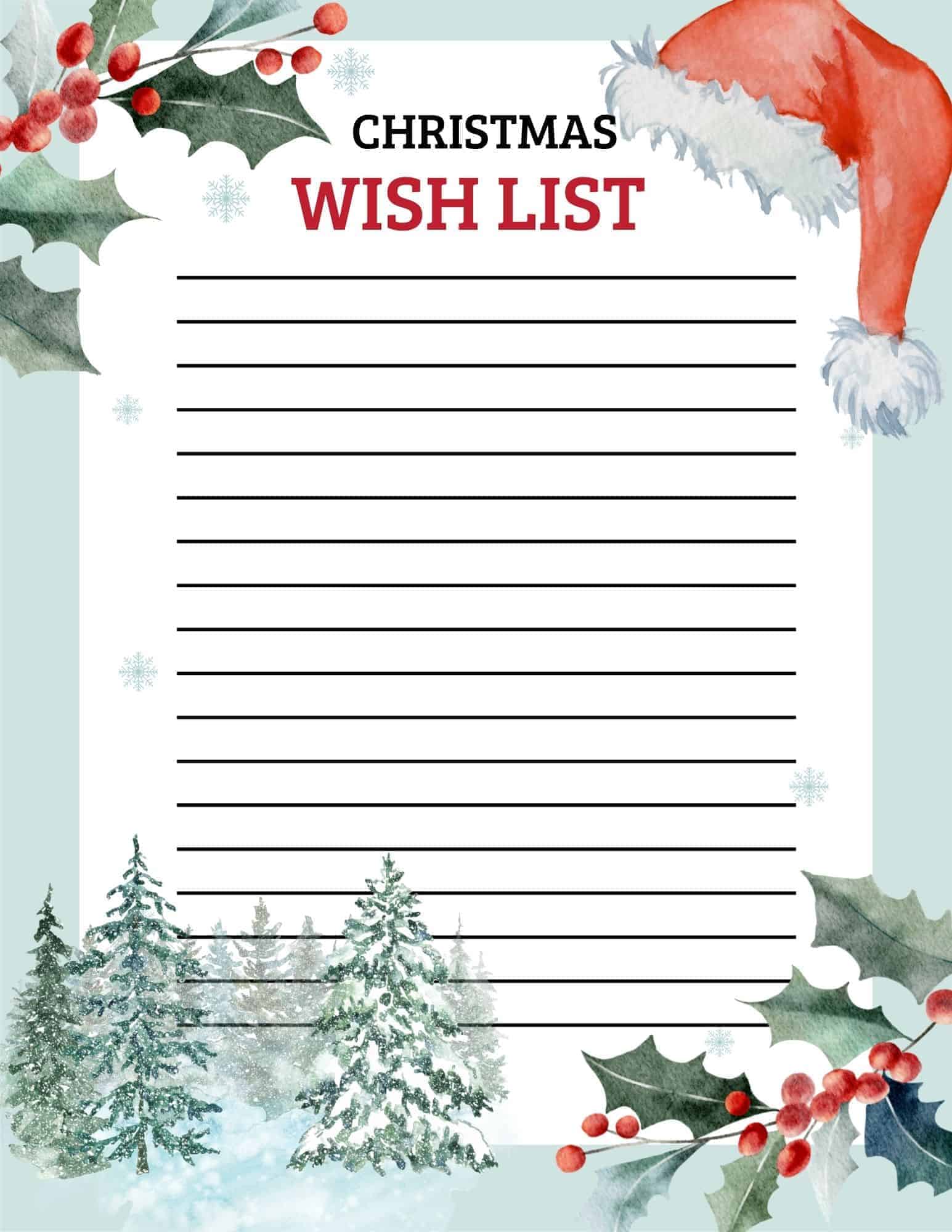 Christmas wish list template with title and lined space, ornaments across top, trees and houses along bottom.