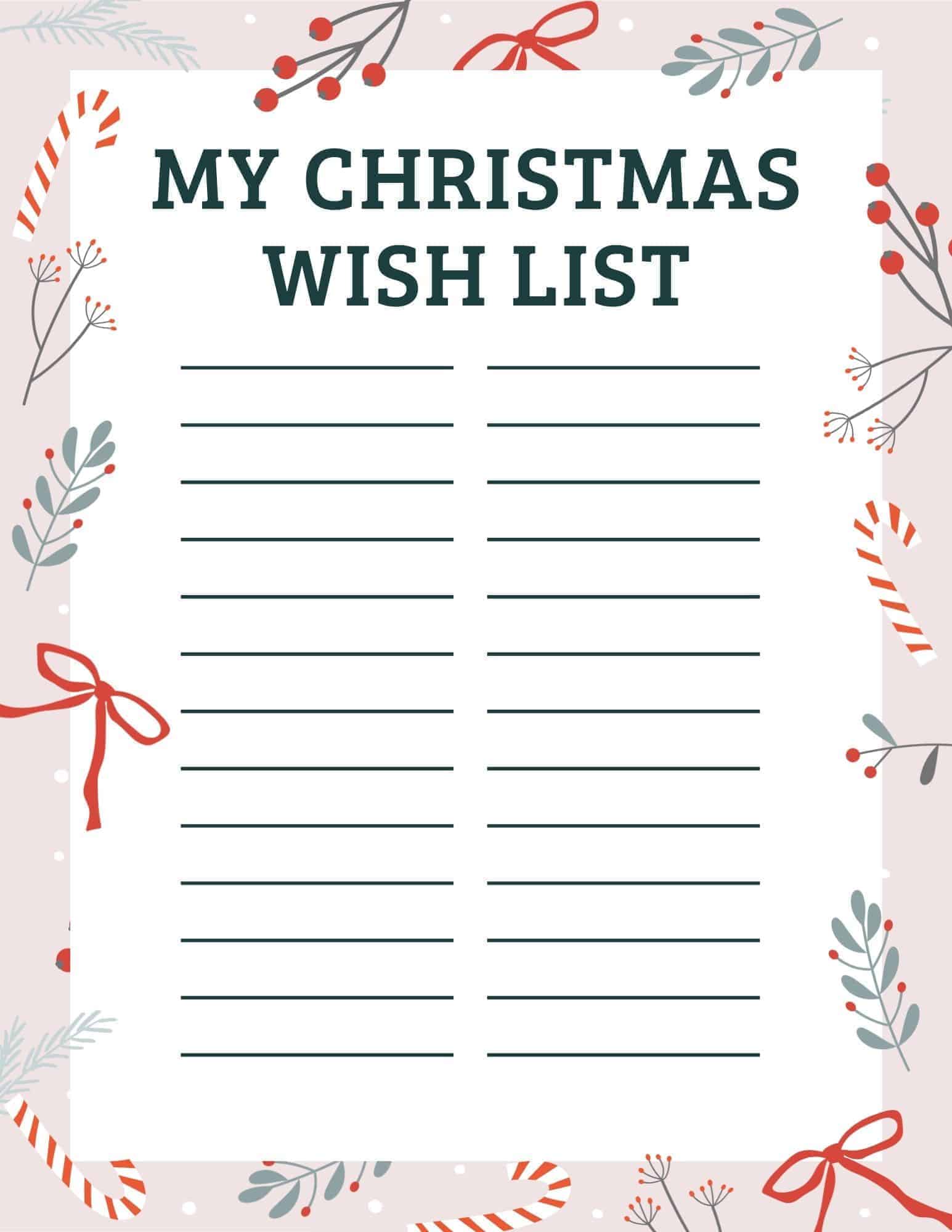 Christmas wish list template with hanging icons, lined space, and a tree and house border.