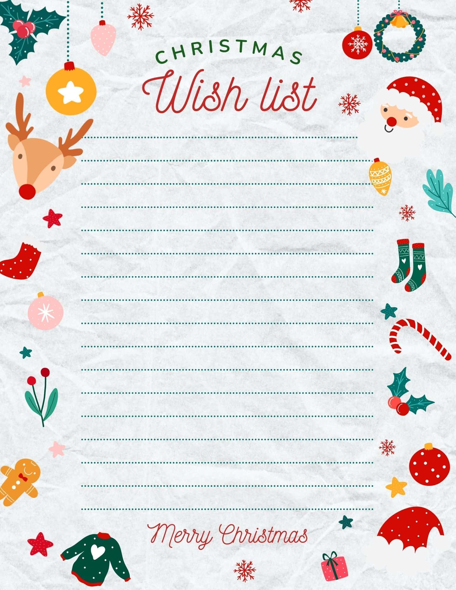 Christmas wish list template with lines and icons; free printable for kids and adults.