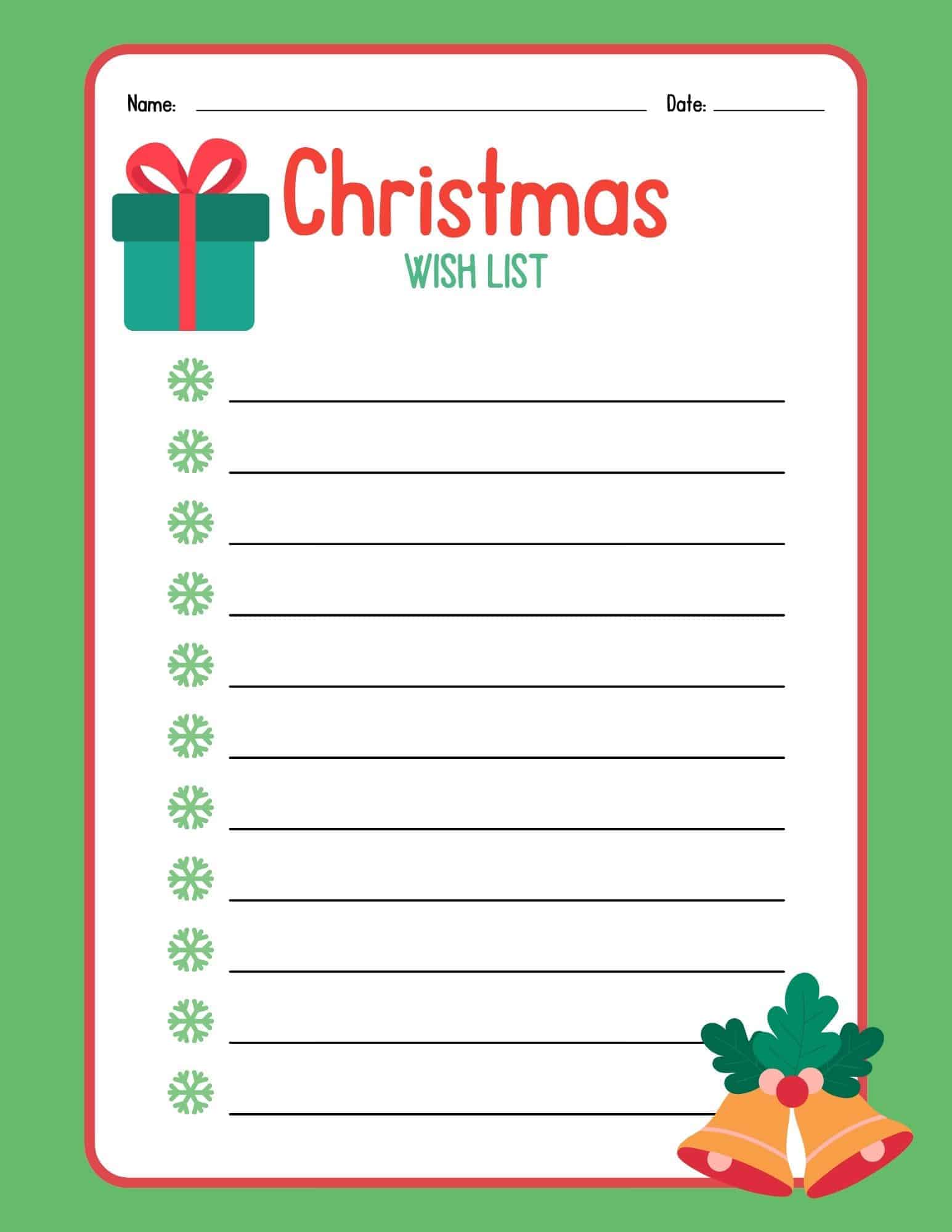 Christmas wish list printable template with lined space and holiday icons.