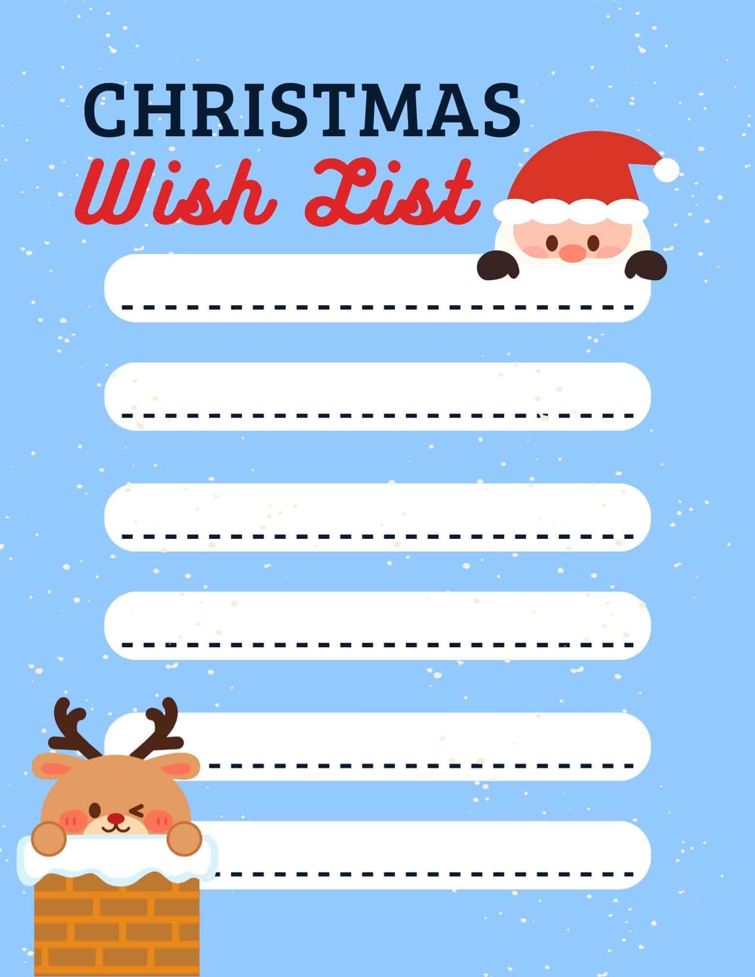 Printable Christmas wish list template with header, lines, and holiday icons.