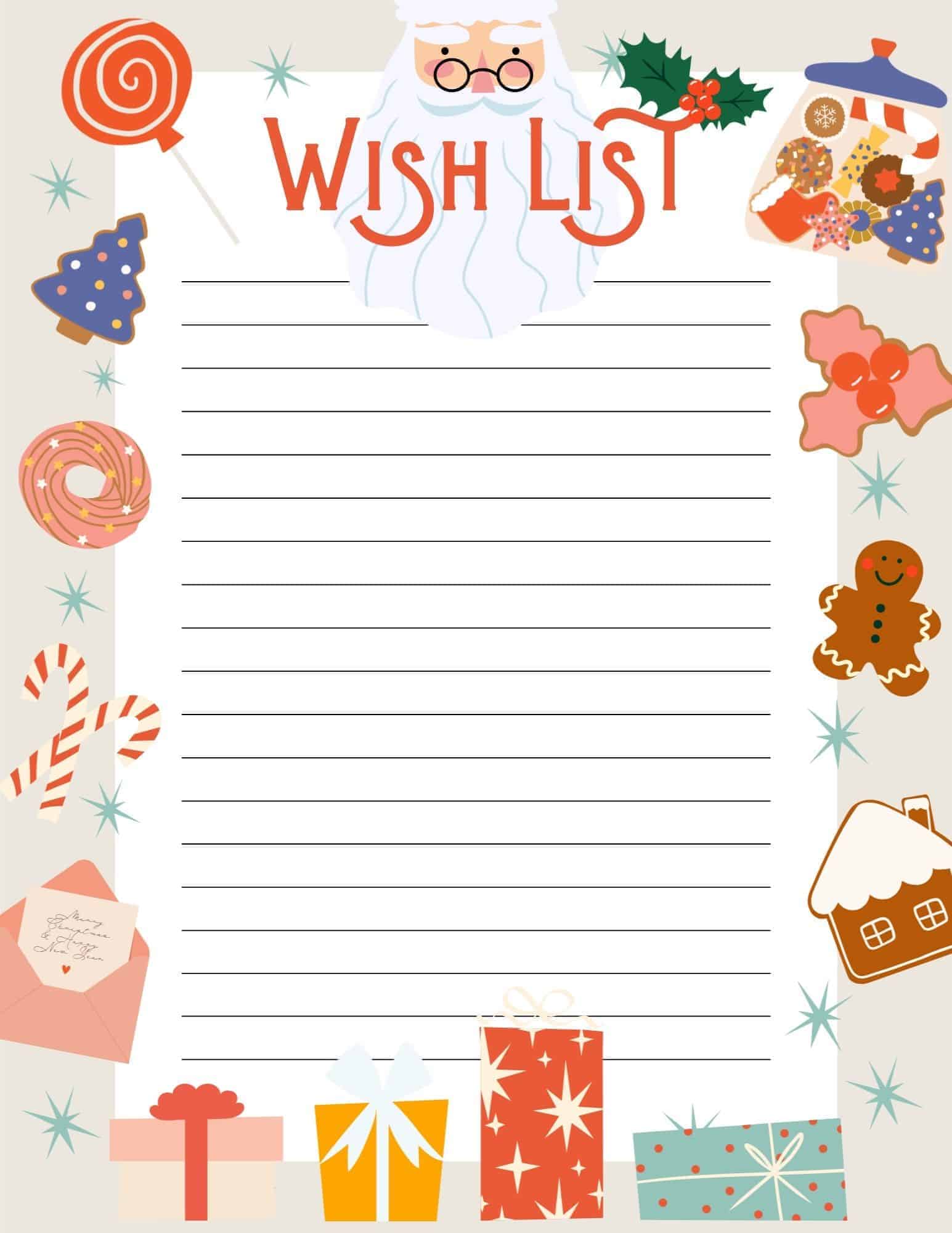 Christmas wish list printable template with lines, hanging icons, and tree border.