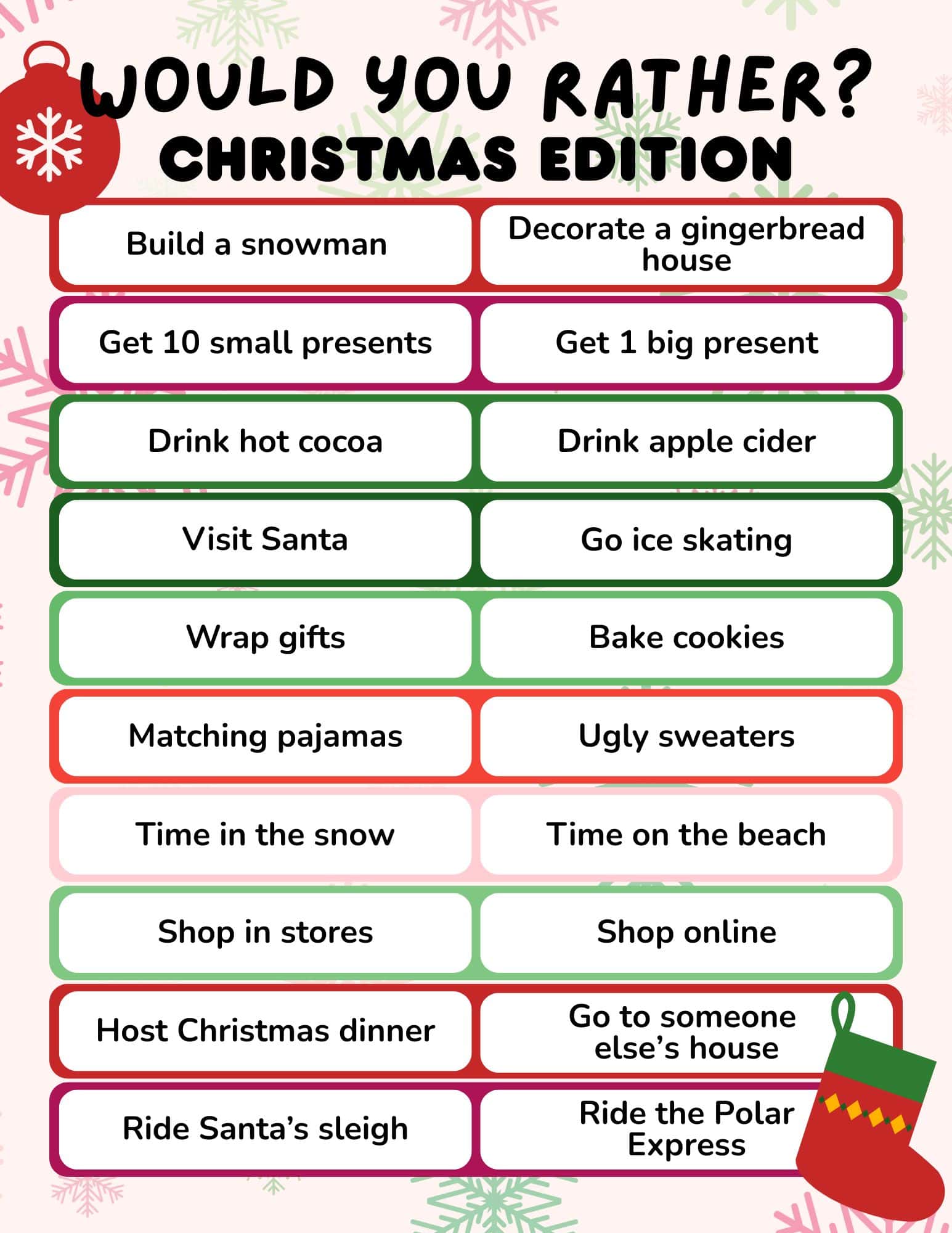 Christmas would you rathers printable with colorful rounded boxes and festive accents.