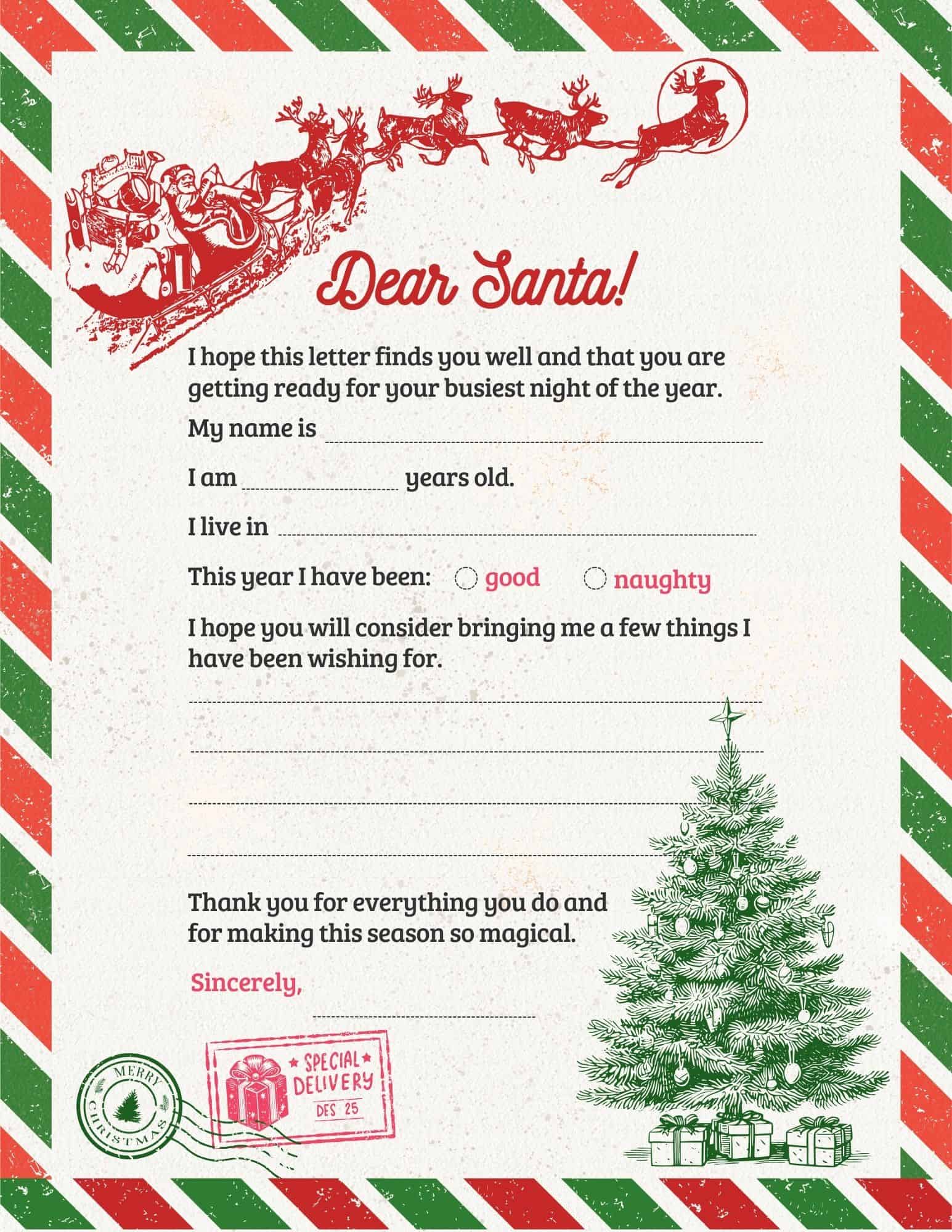 Letter to Santa template with Santa imagery, candy-cane border, and fill-in fields for a Santa letter.