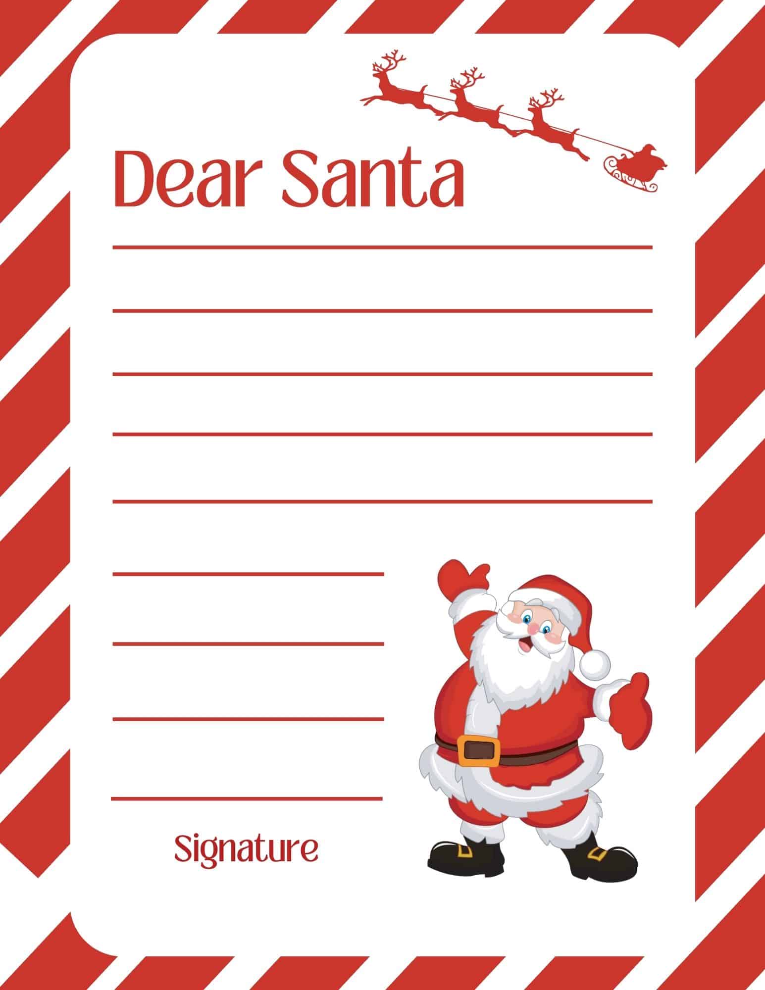 Letter to Santa template with Santa Claus illustration and red striped border.