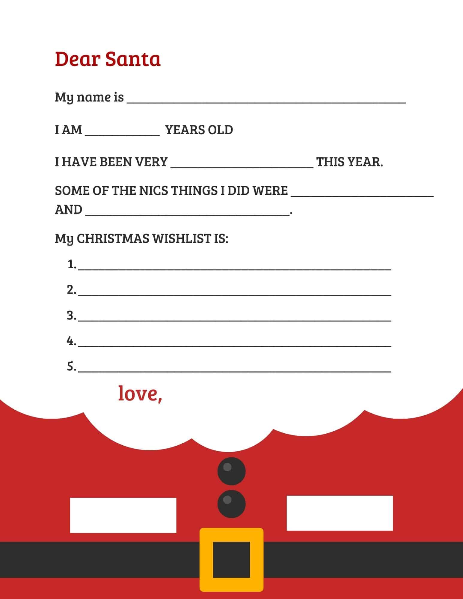Dear Santa letter template with lines for name, age, wishlist, and a Santa belt illustration.